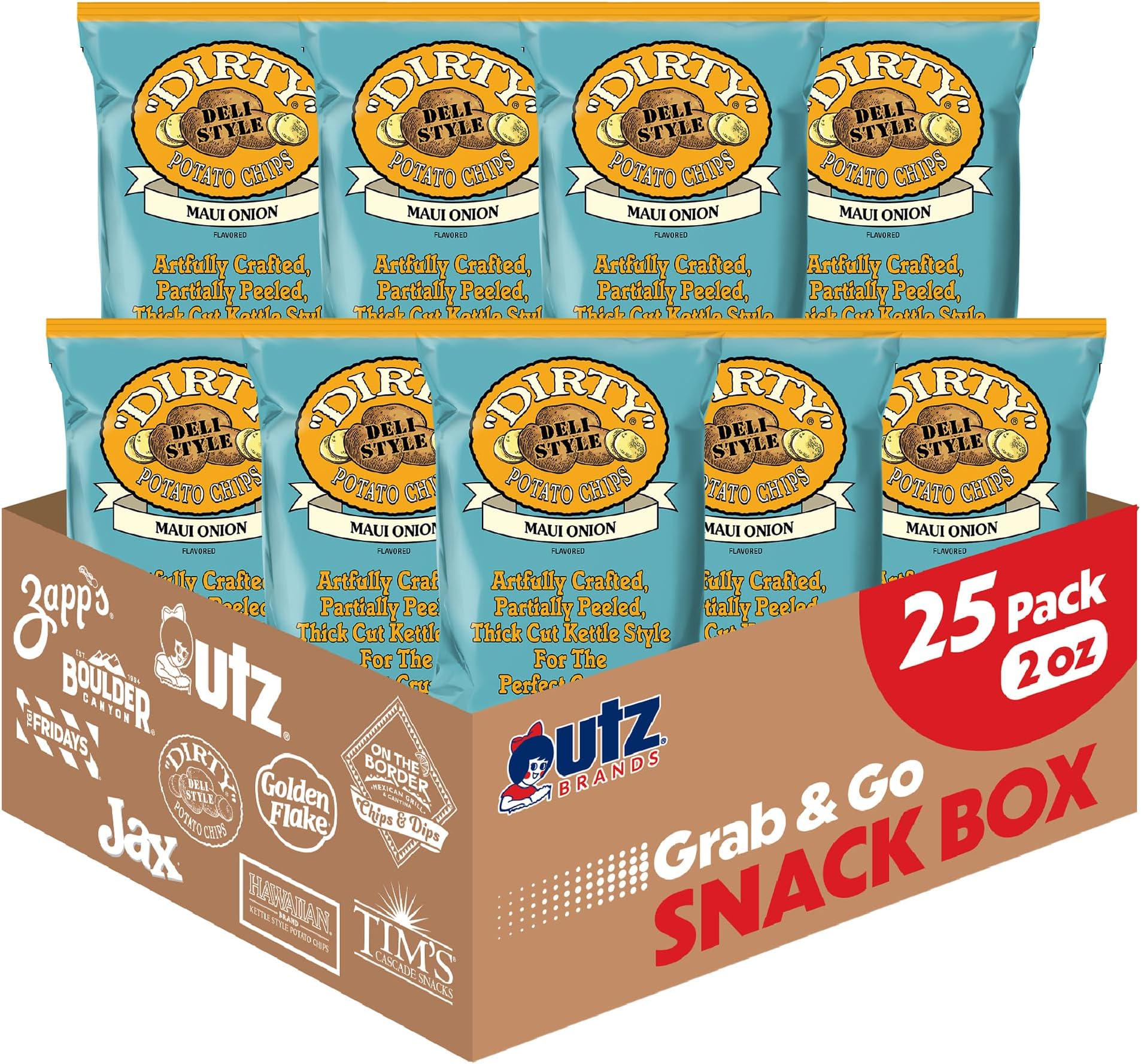 Dirty Kettle Potato Chips, Maui Onion, 2 oz. Bags (25 Count), Gluten Free, Skins On, Crunchy Chips, Great for Lunches or Snacking on the Go