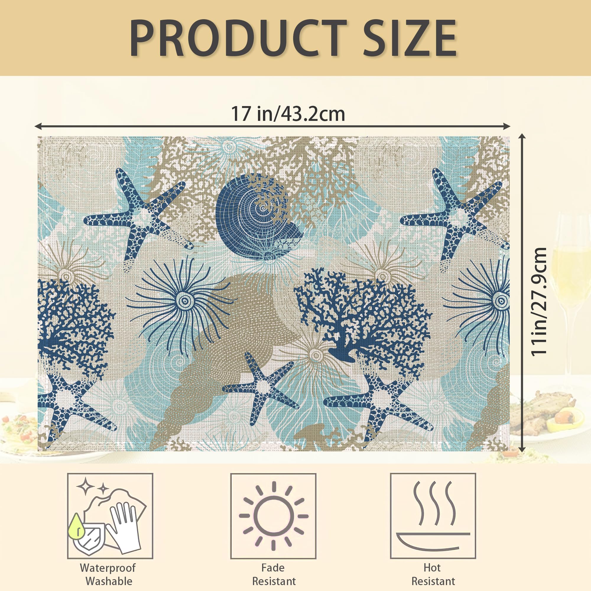 Shells Coral Summer Placemats Set of 6,Table Mats Non-Slip Heat Resistant Washable Placemat for Party Kitchen Dining Table Decoration Indoor Outdoor - Image 3