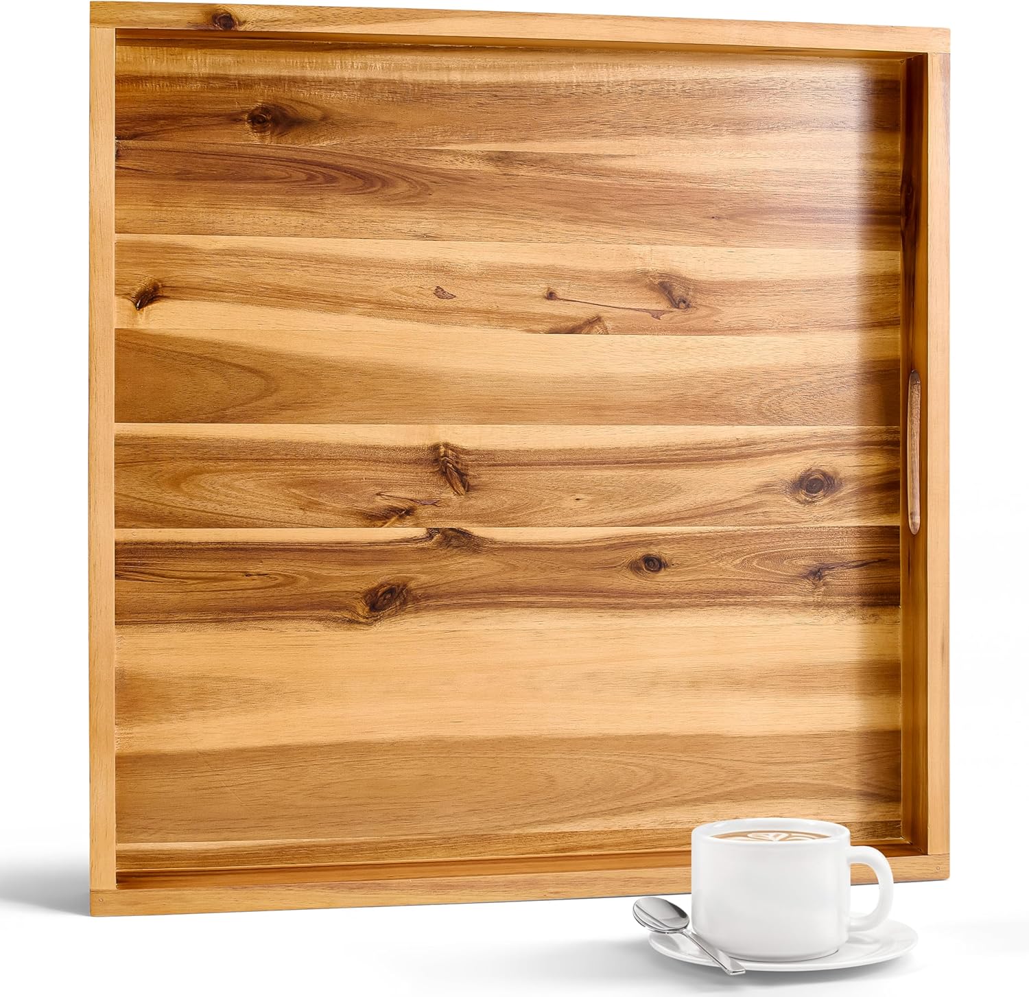 20 Inch Acacia Wood Ottoman Tray - Wooden Square Serving Tray with Handles - Extra Large Food Serving Trays for Decorative, Coffee Table, Breakfast in Bed - Charcuterie Trays Use for Kitchen