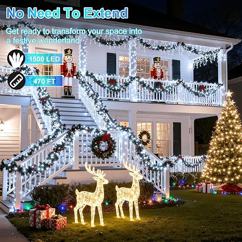 Miniatura 2 de 1500 luces LED de Navidad para uso al aire libre, 470 pies, 12 modos de luces de cadena LED blancas frías con temporizador regulable, luces de
