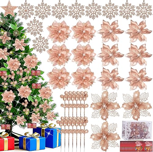 Juego de 59 piezas de decoración para árbol de Navidad, adornos de oro rosa a granel con copos de nieve colgantes con purpurina, flores de pascua