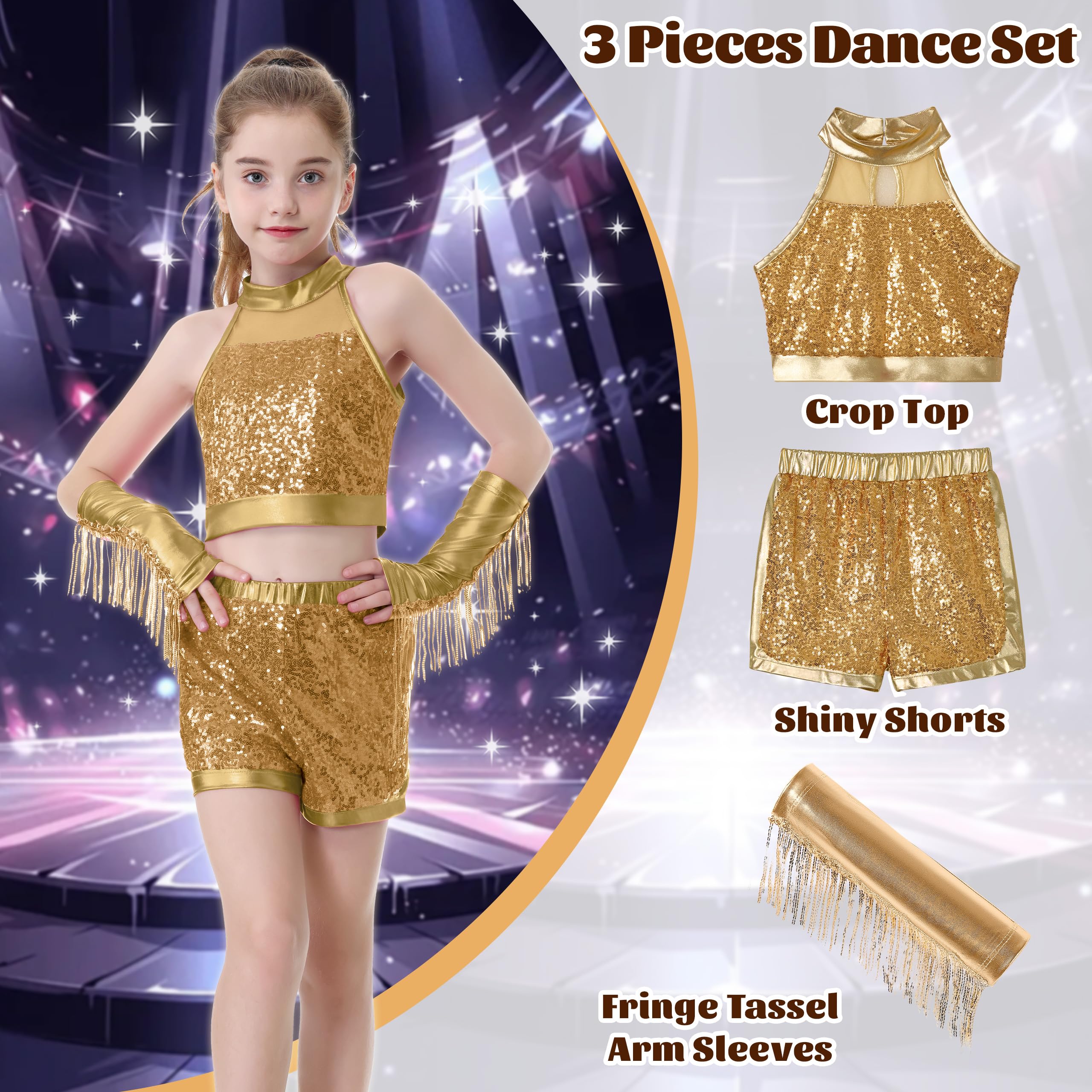 LOLANTA Disfraz de Danza con Lentejuelas para Niñas, Traje de Baile Hip Hop Jazz con Lentejuelas, Ropa de Baile para Niños con Camiseta Sin Mangas y Pantalones Cortos