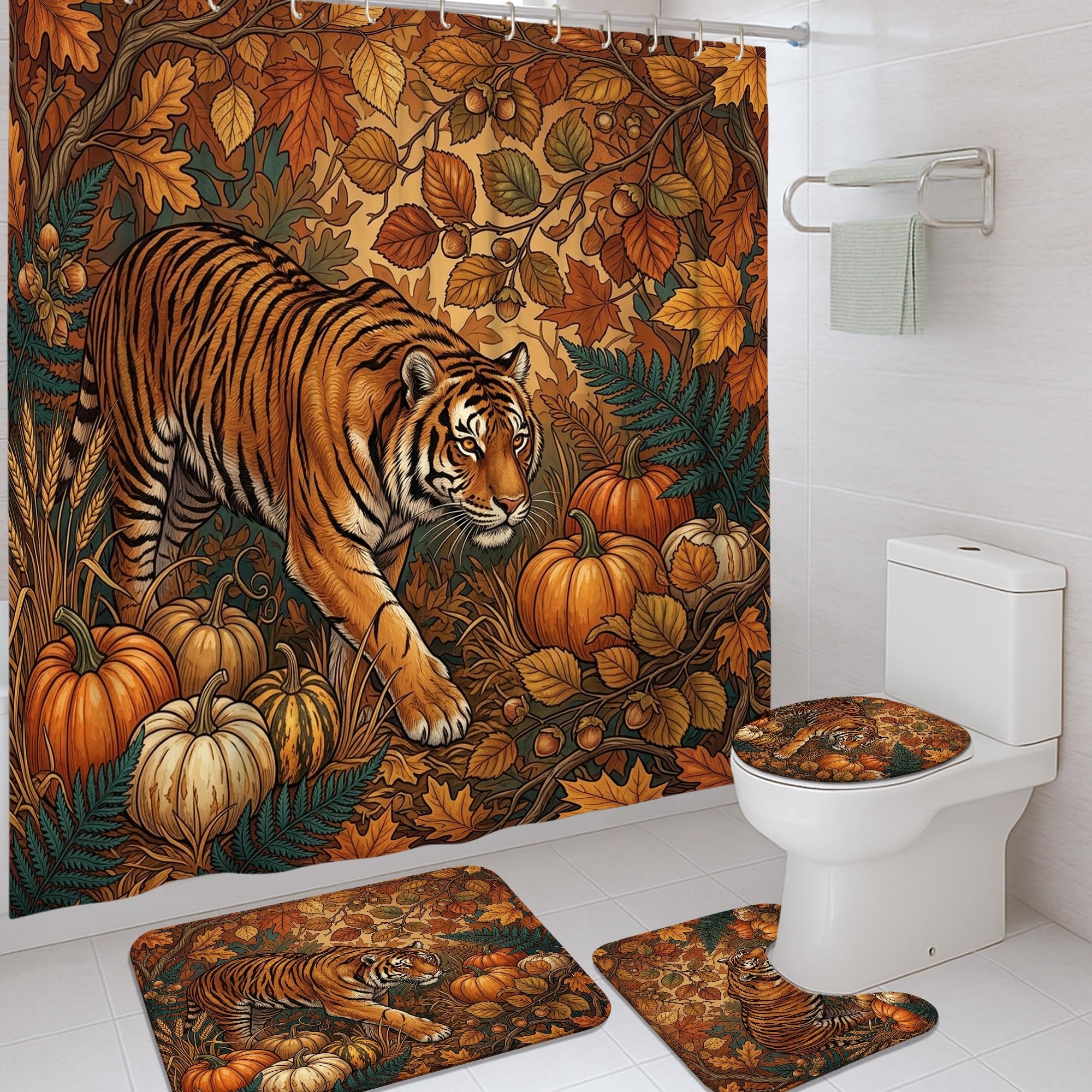 Rideau de douche haut de gamme tigre orange et tapis de baignoire doux