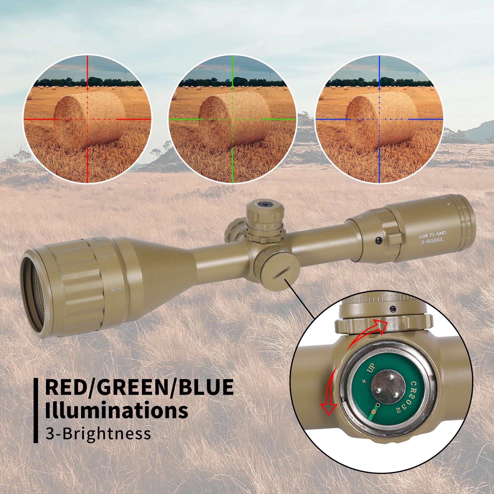 Goetland Gewehr Zielfernrohr 3-9x50 Airsoft Mil Dot Optik R4 Absehen mit Montage Ringe SFP Rot Grün Blaue für Taktische Jagd Luftgewehr Sportschützen