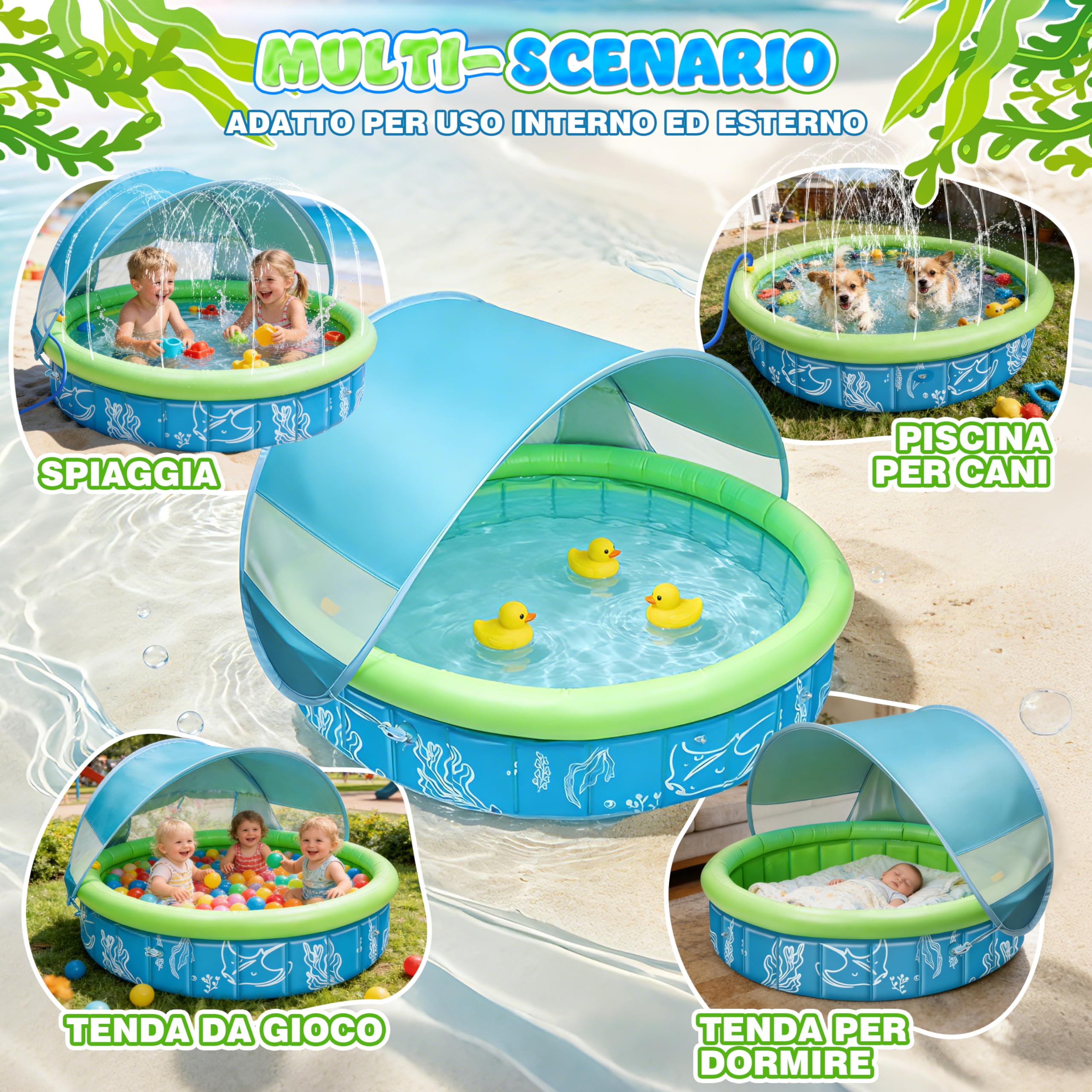 Piscina per Bambini Pop-Up 4-in-1, 100x30 cm Tenda da Spiaggia con Spruzzi d'Acqua, Piscinetta Neonato Spiaggia con Anti-UV SPF 50+, Tenda Portatile per Giardino, Spiaggia Picnic