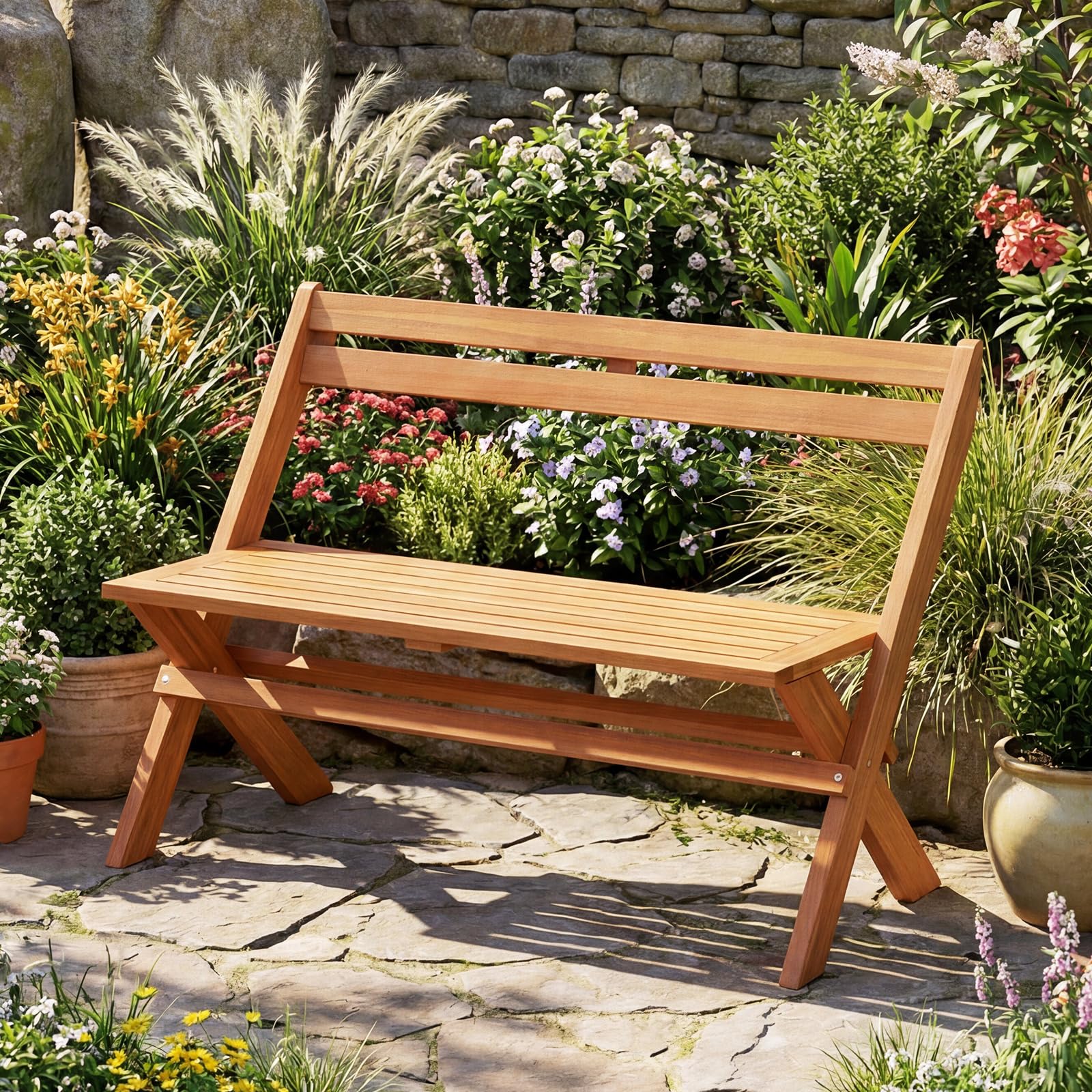 KOMFOTTEU Banco Plegable para 2 Personas, Madera de Acacia, Carga 360 kg | Asiento Exterior para Jardín, Porche, Balcón, Parque, 56 x 105 x 80 cm