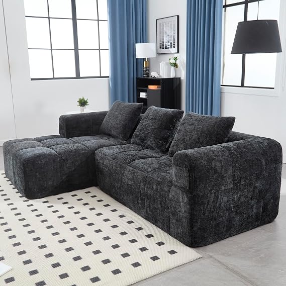 Modular Cloud Sofa, Minimalist L-Shaped Cloud Couch with 2 Modular Sections, Compressed Couch with Storage Pockets, Boneless Couch for Small Flats and Living Rooms, Black