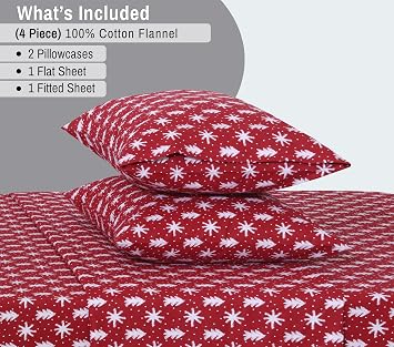 RUVANTI 100% Cotton Flannel Sheets King Size, 4 PCs, Red Christmas