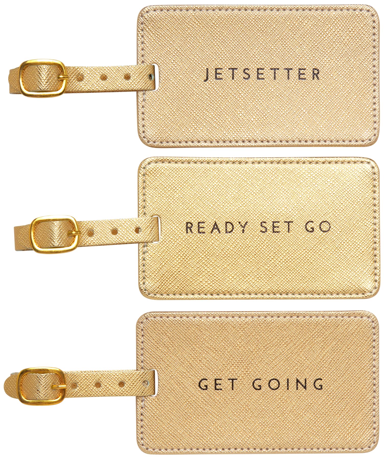 WORLD TRAVELER Luggage Tag Set - 3 Pack Baggage Tags Identifiers with ID Cards - Faux Leather Luggage Tags for Suitcases, Gold Shimmer