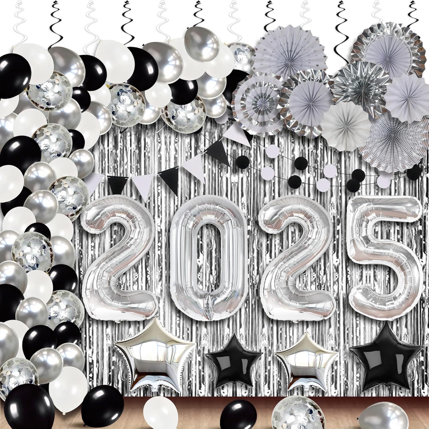 KatchOn, Sliver and Black NYE Decorations 2025 - Huge Set, Pack of 154 | 2025 Balloon Arch Kit with Silver Fringe Backdrop | New Years Eve Party Supplies 2025 Silver, New Years Decorations 2025 Silver