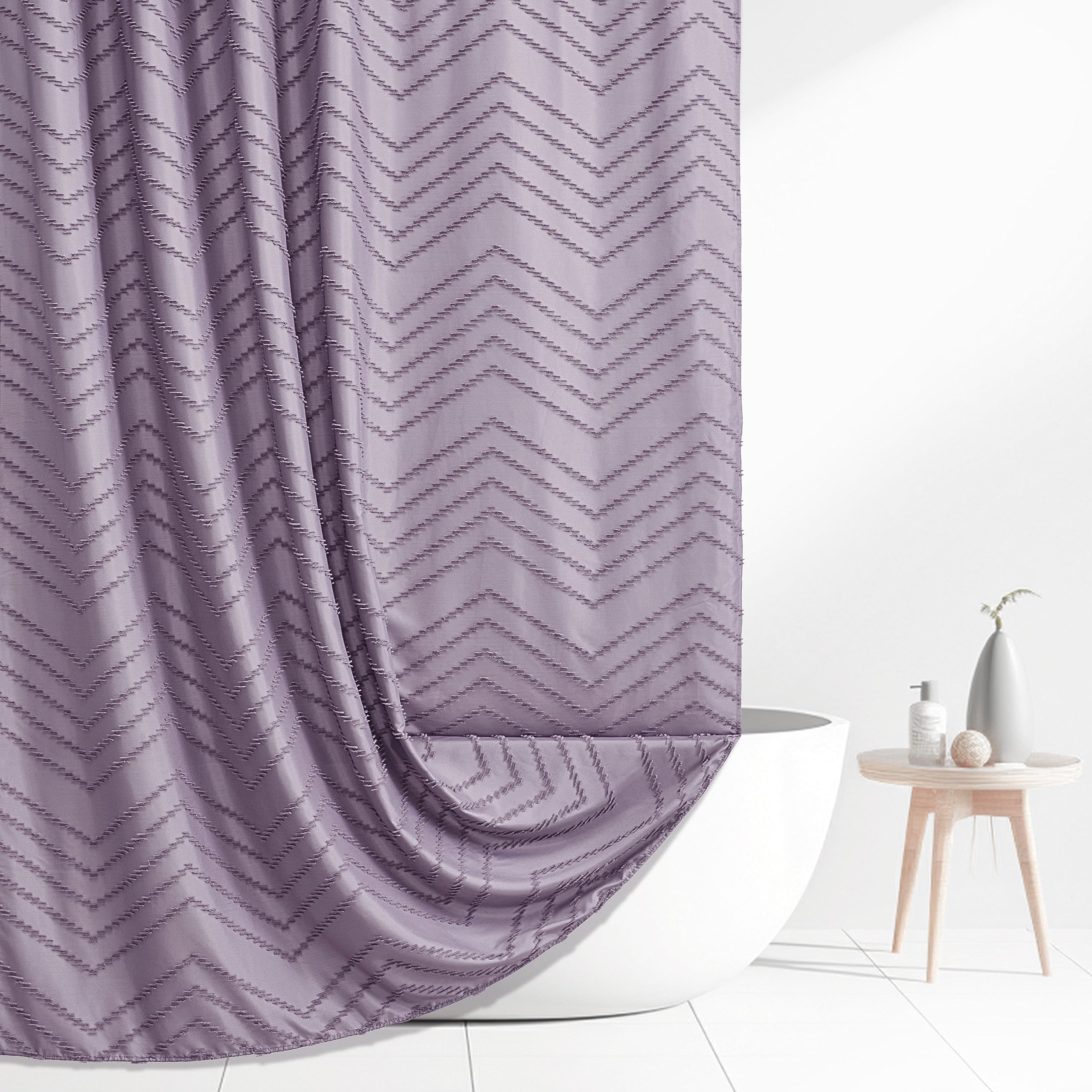 Boho Shower Curtain Woven Fabric Purple Cute Shower Curtain Modern Farmhouse Textured Tufted Chevron Striped Minimalist 72 x 72 Bathroom Shower Curtain Set with Hooks