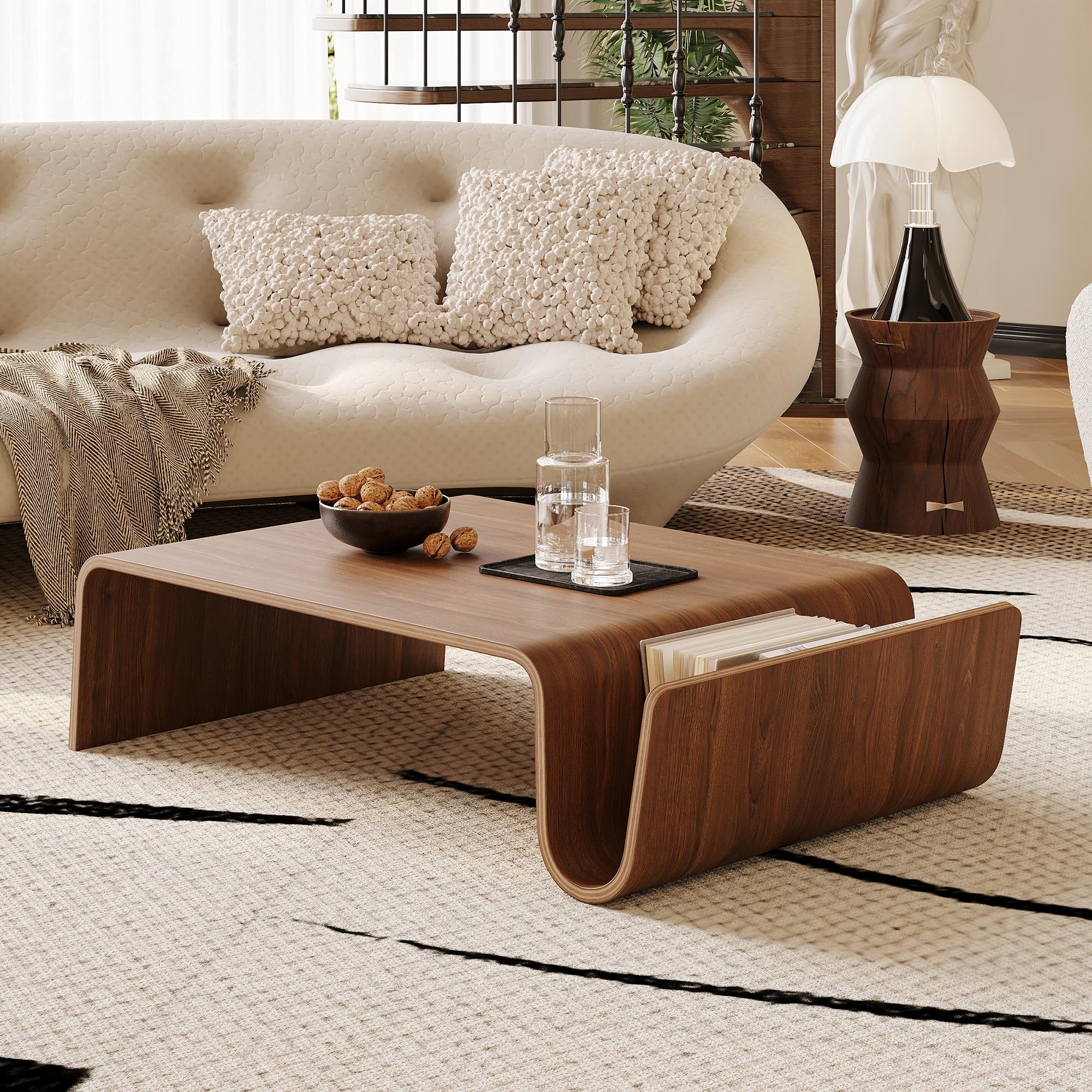 Curved Coffee Table, 41.34" Square Solid Wood Coffee Tables Tea Table, Fully Assembled Desk with Walnut Layout, Irregular Shaped Wooden Center Table for Living Room Home Office Furniture