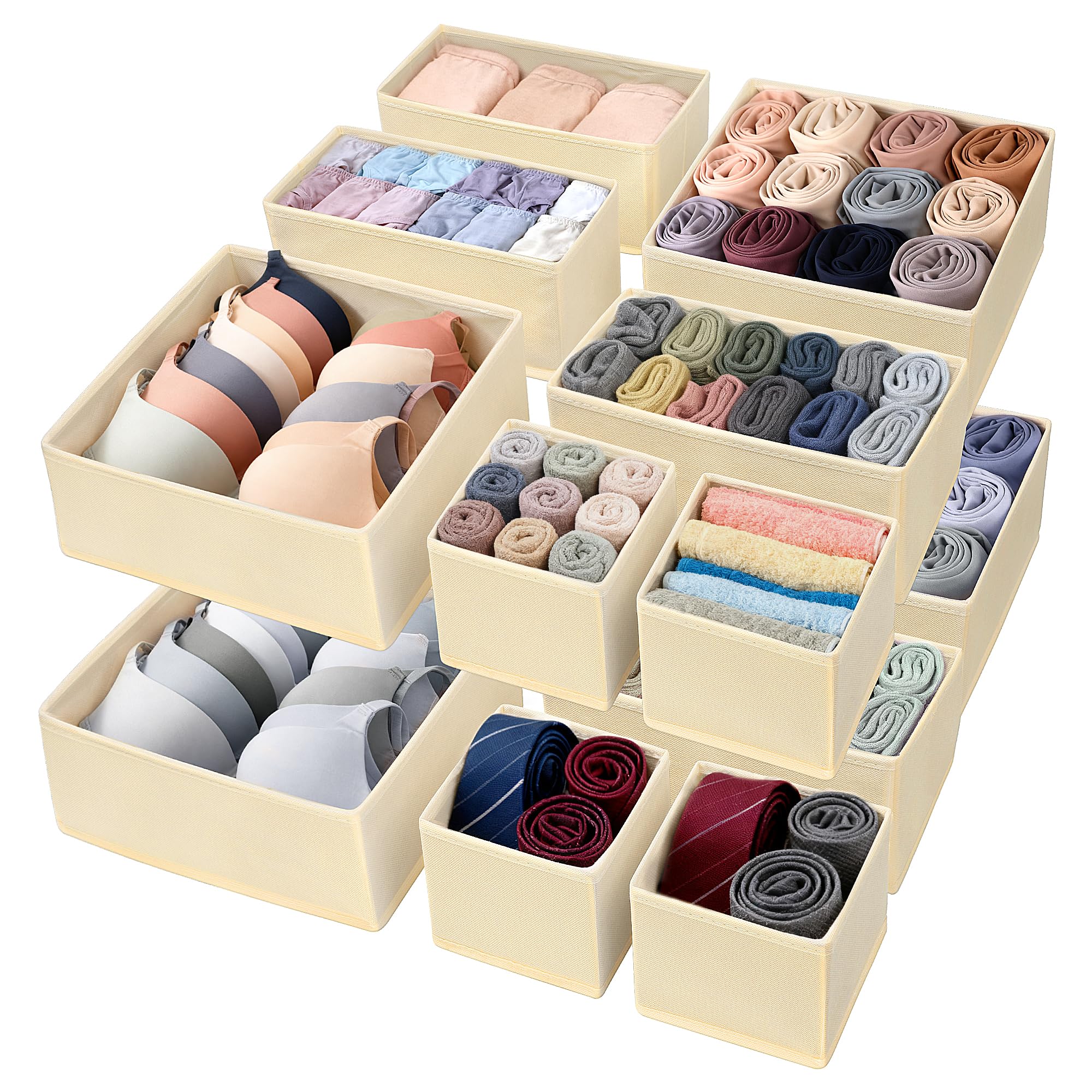 Vivantia 12 Pack Fabric Drawer Organisers for Clothes 3 Sizes Foldable Wardrobe Storage Organiser Bins Underwear Drawer Dividers Clothes Storage Boxes for Socks Ties Shirts Pants, Beige