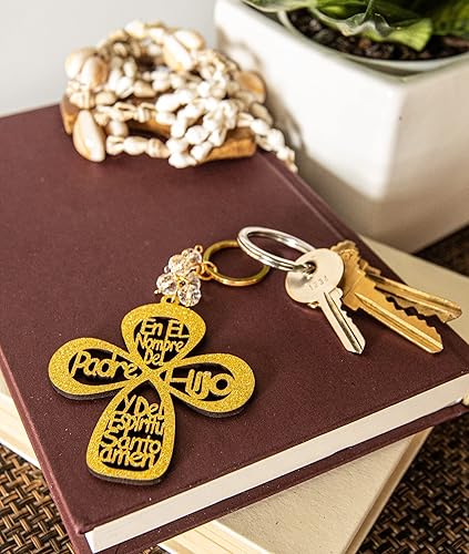 Miniatura 2 de RBN Llavero de cruz de madera para bautizo, recuerdo de bautizo, primera comunión, 12 unidades, purpurina dorada, Oro