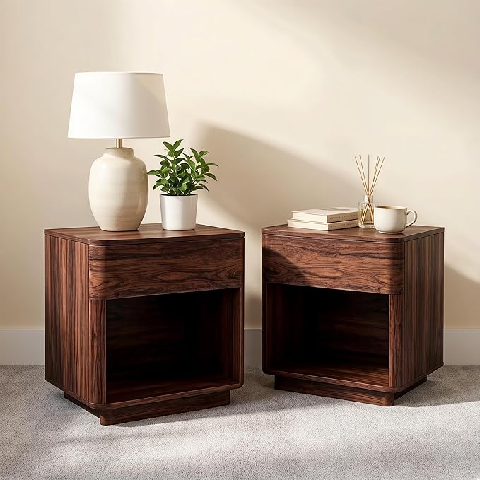 ACCOHOHO Modern Nightstand Set of 2 with Charging Station, 22" Wide Wood Side Table with Large Drawer & Open Storage, End Table for Bedroom, Curved Profile Design Night Stand, Dark Walnut