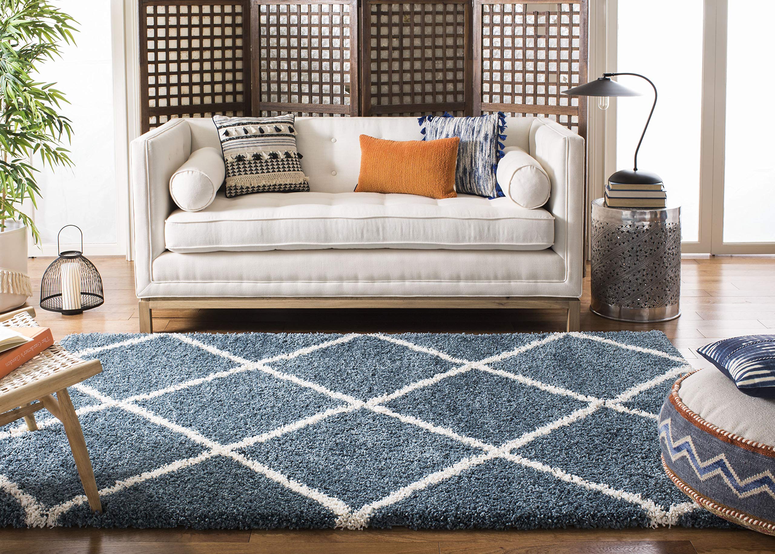 SAFAVIEH Hudson Shag Collection Accent Rug - 3' x 5', Slate Blue & Ivory, Trellis Design