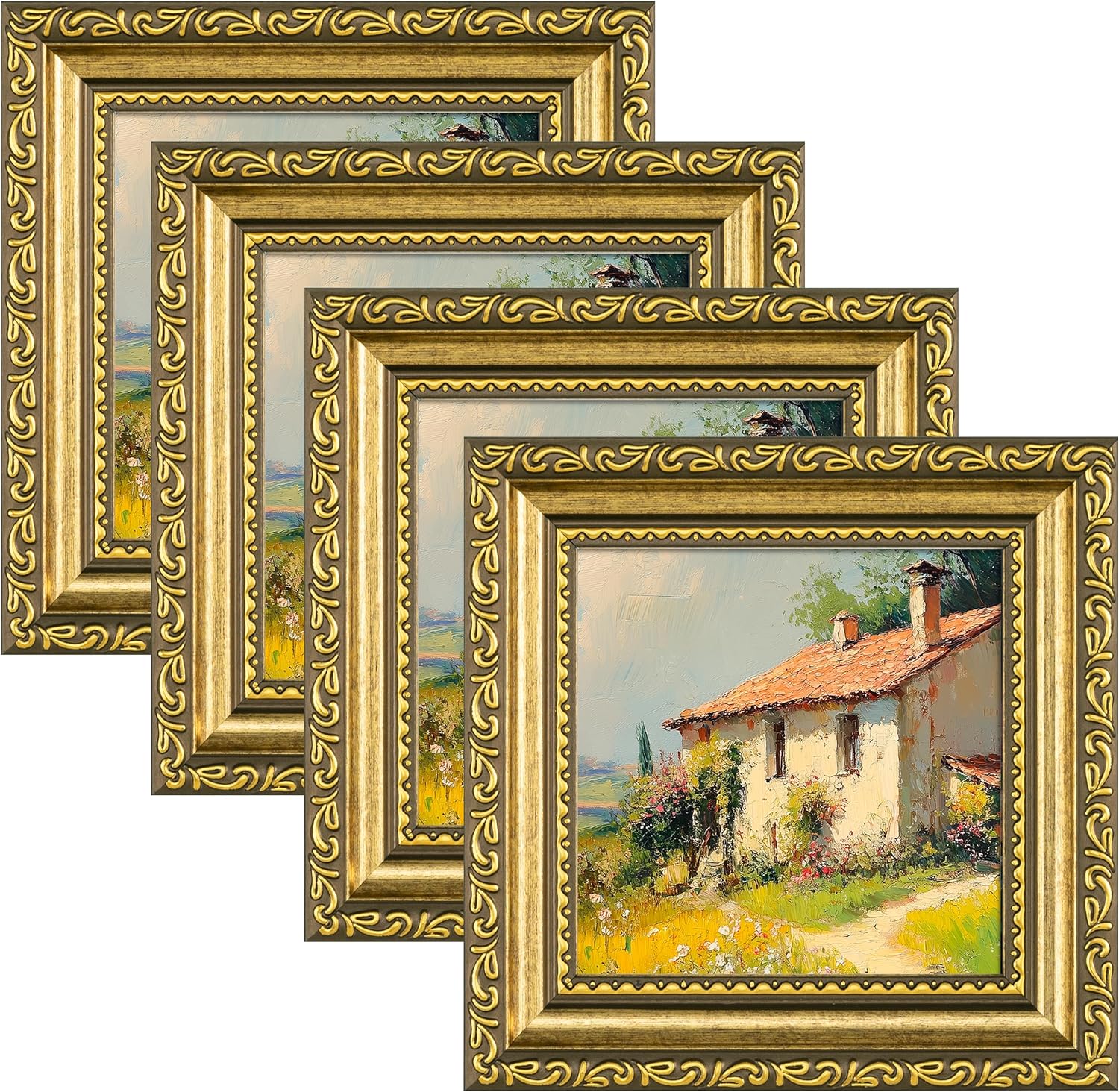 eletecpro 4x4 Picture Frames Set of 4, Ornate Frames with Glass Cover, Vintage Gold Photo Frame Displays 4x4 Photo for Tabletop, Gold