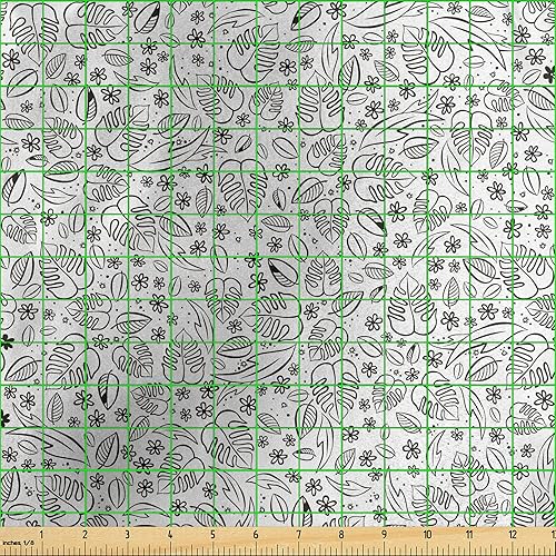 Miniatura 3 de Ambesonne Floral Fabric by The Yard, Monochrome Leaves and Flowers Spring Daisy Meadow Blossoms Illustration, Decorative Satin Fabric for Home