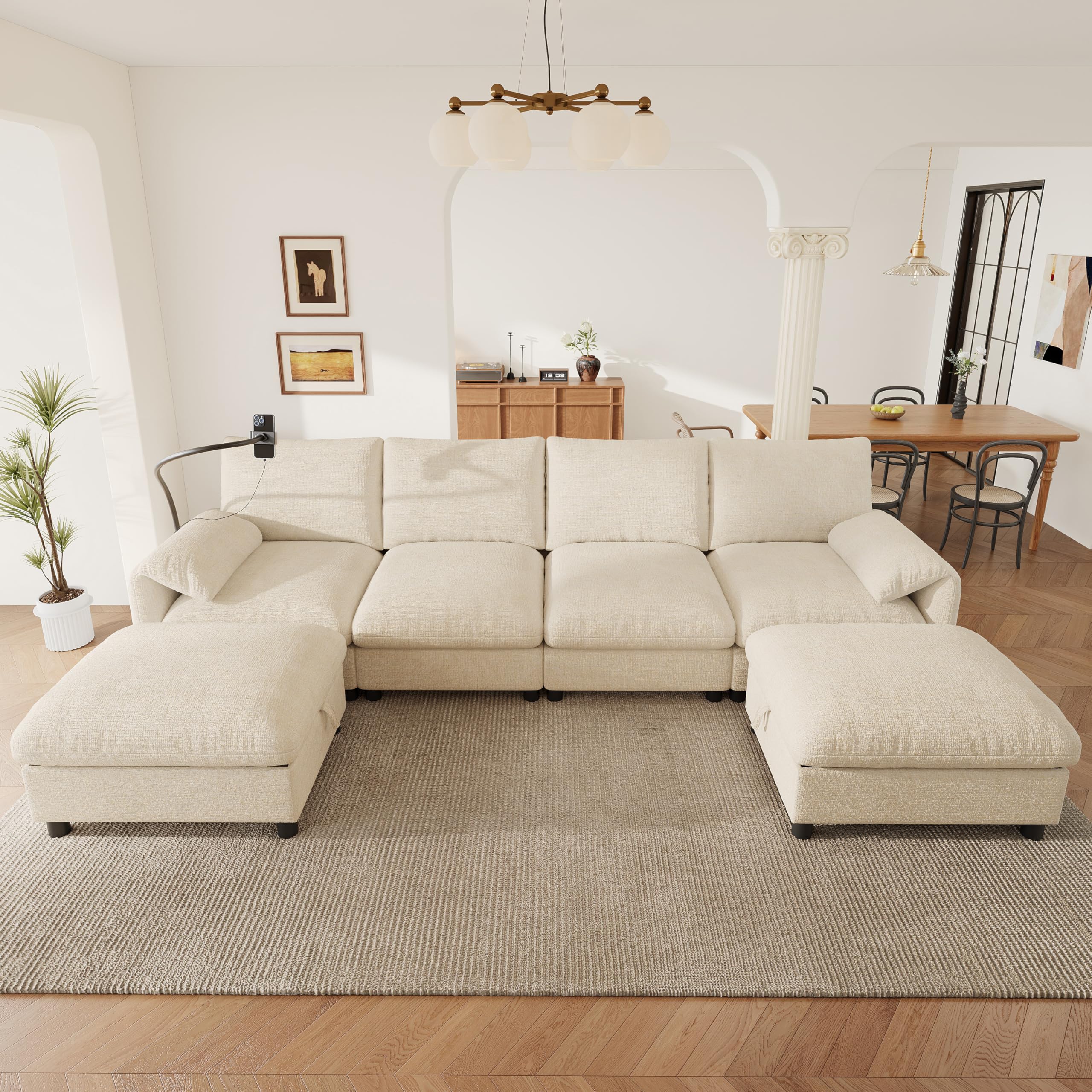 Sofá modular de 6 plazas en U con dos pufs contenedores, sofá de esquina en U con puerto de recarga USB y puerto para celular, sofá modular en L, sofá transformable, sofás modulares de 6 plazas