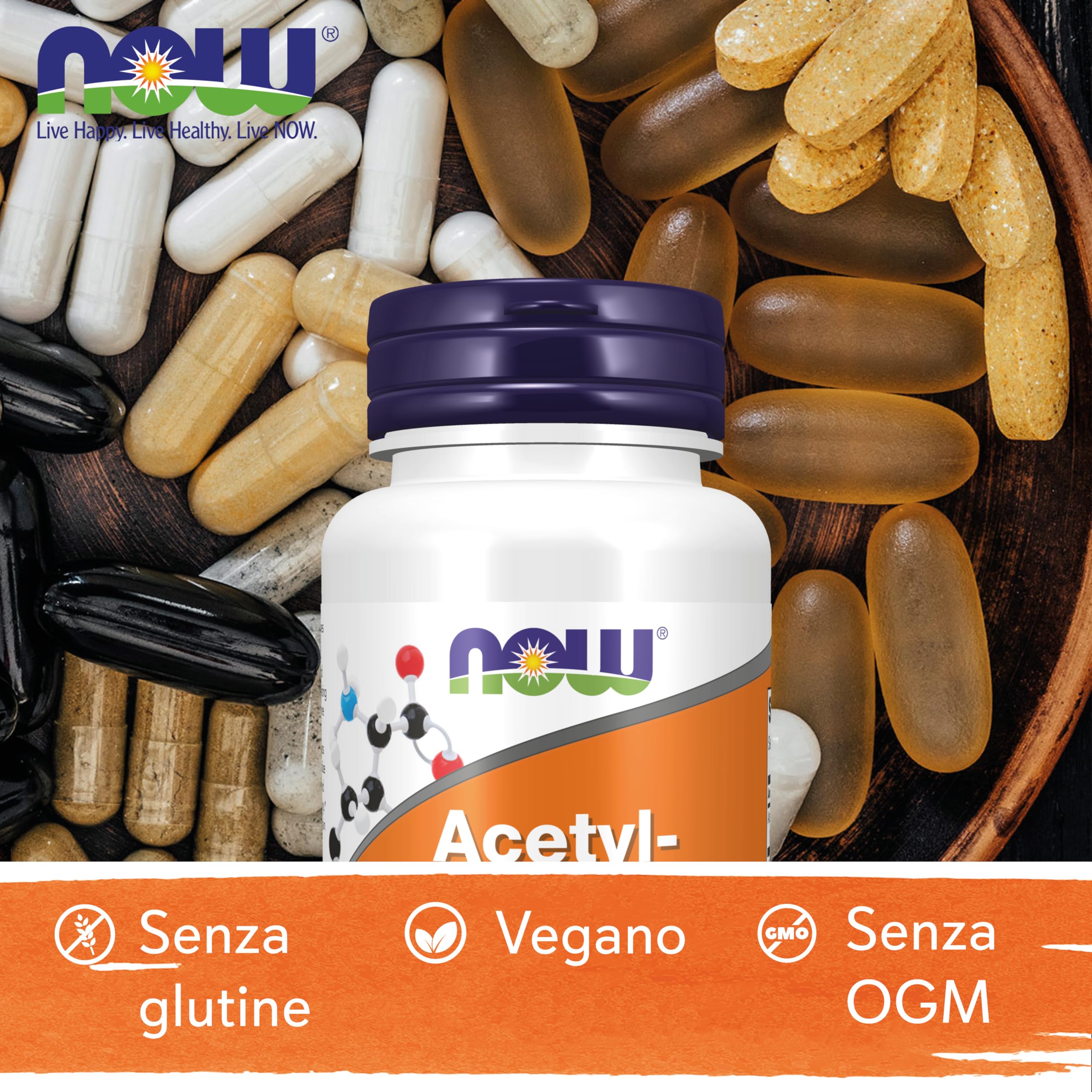 Now Foods, Acetyl-L-Carnitin, 500 mg, 50 Capsule vegan, Testato in Laboratorio, Aminoacido, Senza Glutine, Senza Soia, Vegetariano