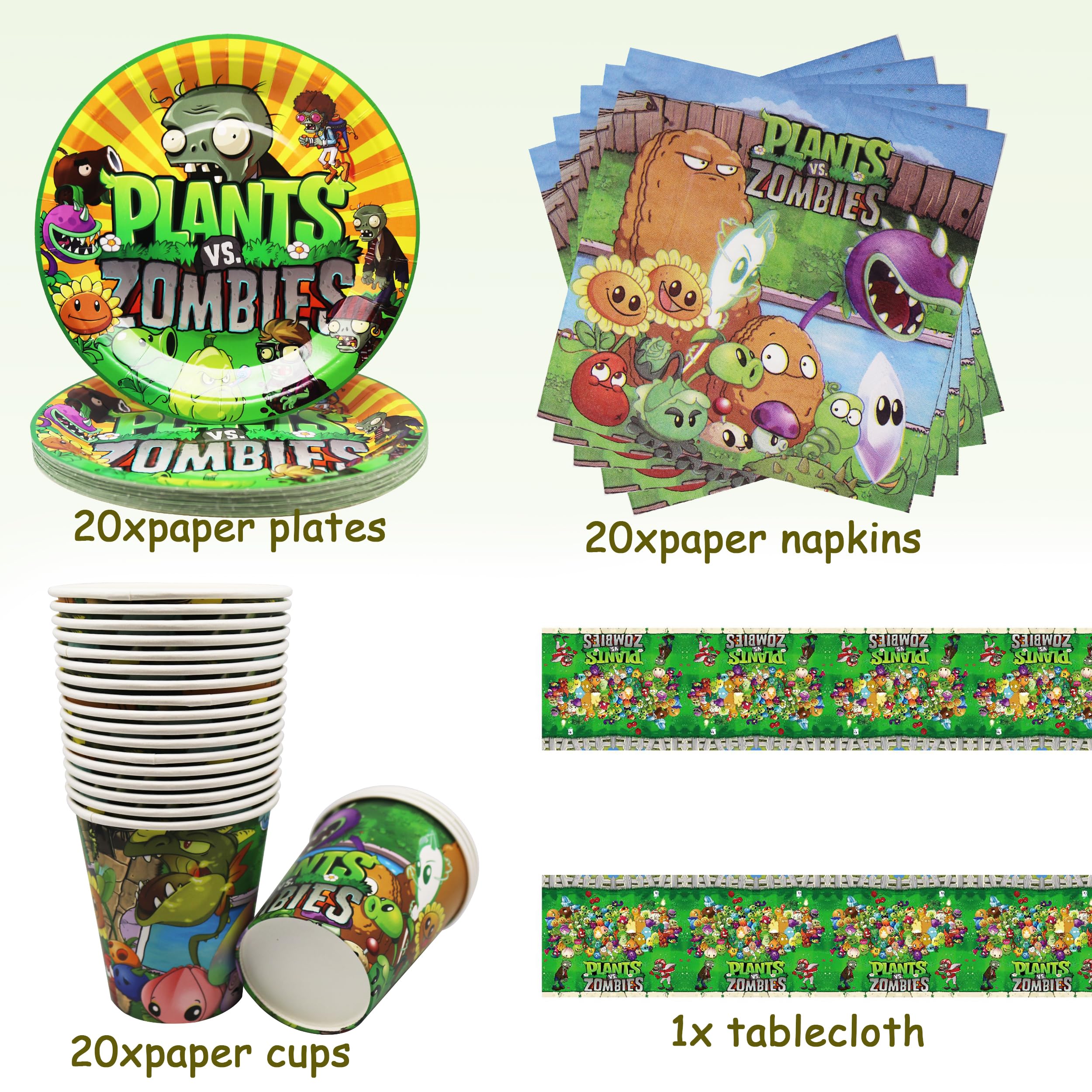 Greenery Game - Set di 61 stoviglie per feste di compleanno per bambini, piatti, tazze, tovaglioli, tovaglioli