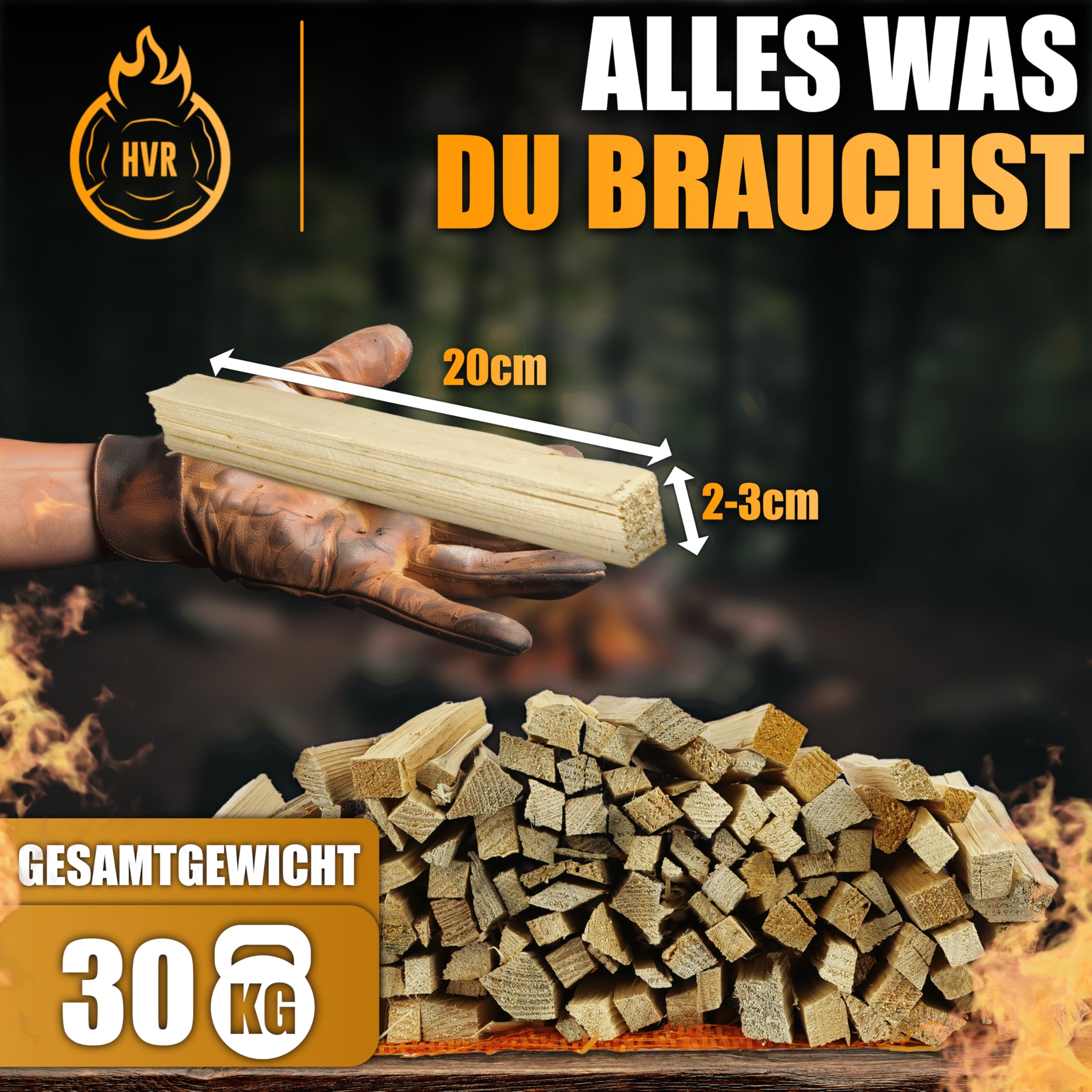 HVR 30 kg Anzündholz – Trockenes, naturbelassenes Anfeuerholz aus eigener Forstwirtschaft – 20 cm Länge – Restfeuchte unter 15% – Made in Germany