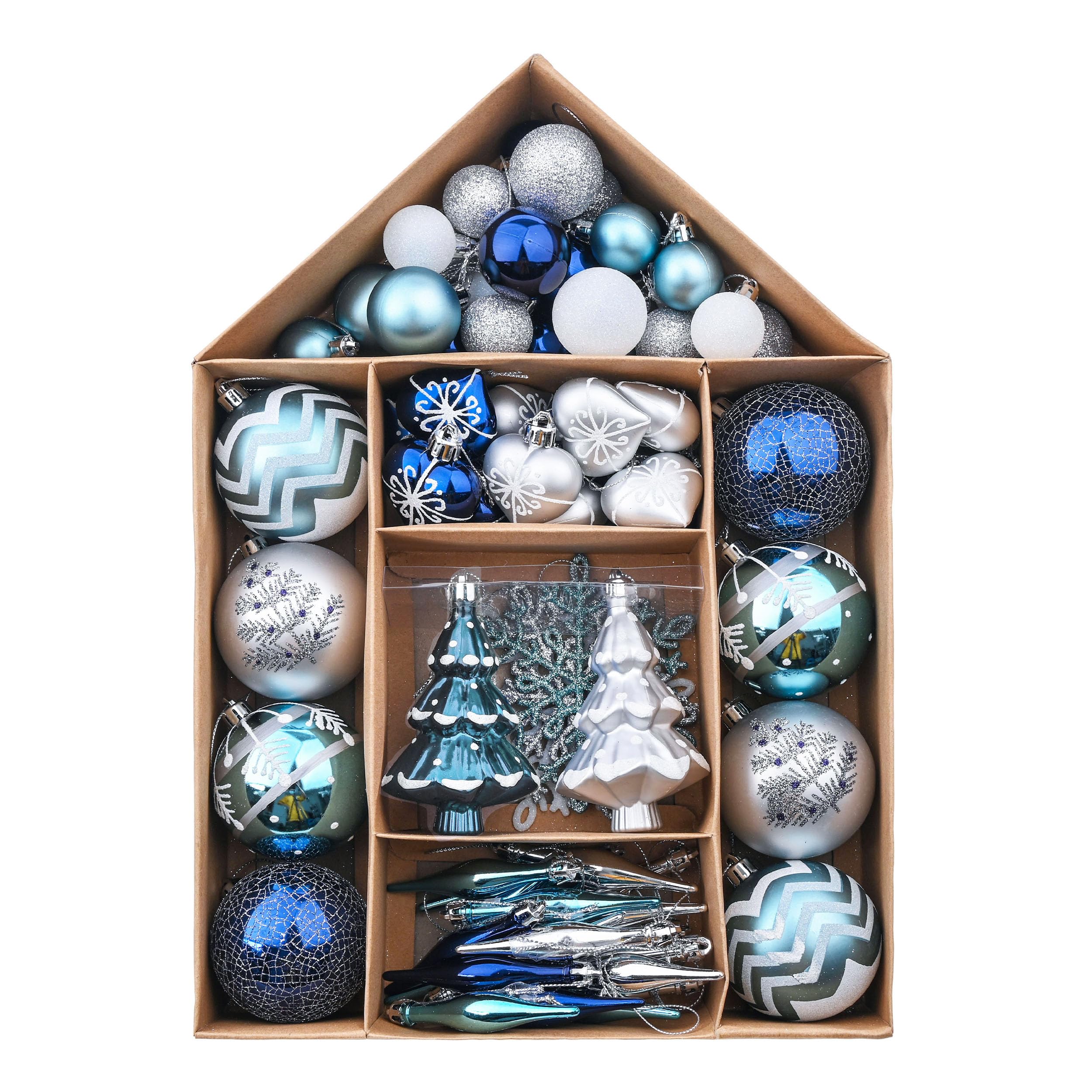 Valery Madelyn Weihnachtskugeln Plastik Christbaumkugeln 70er Set Weihnachtsbaumschmuck mit Aufhänger Weihnachtsdeko Winterwünsches Thema Silber Blau MEHRWEG Verpackung 3-16cm