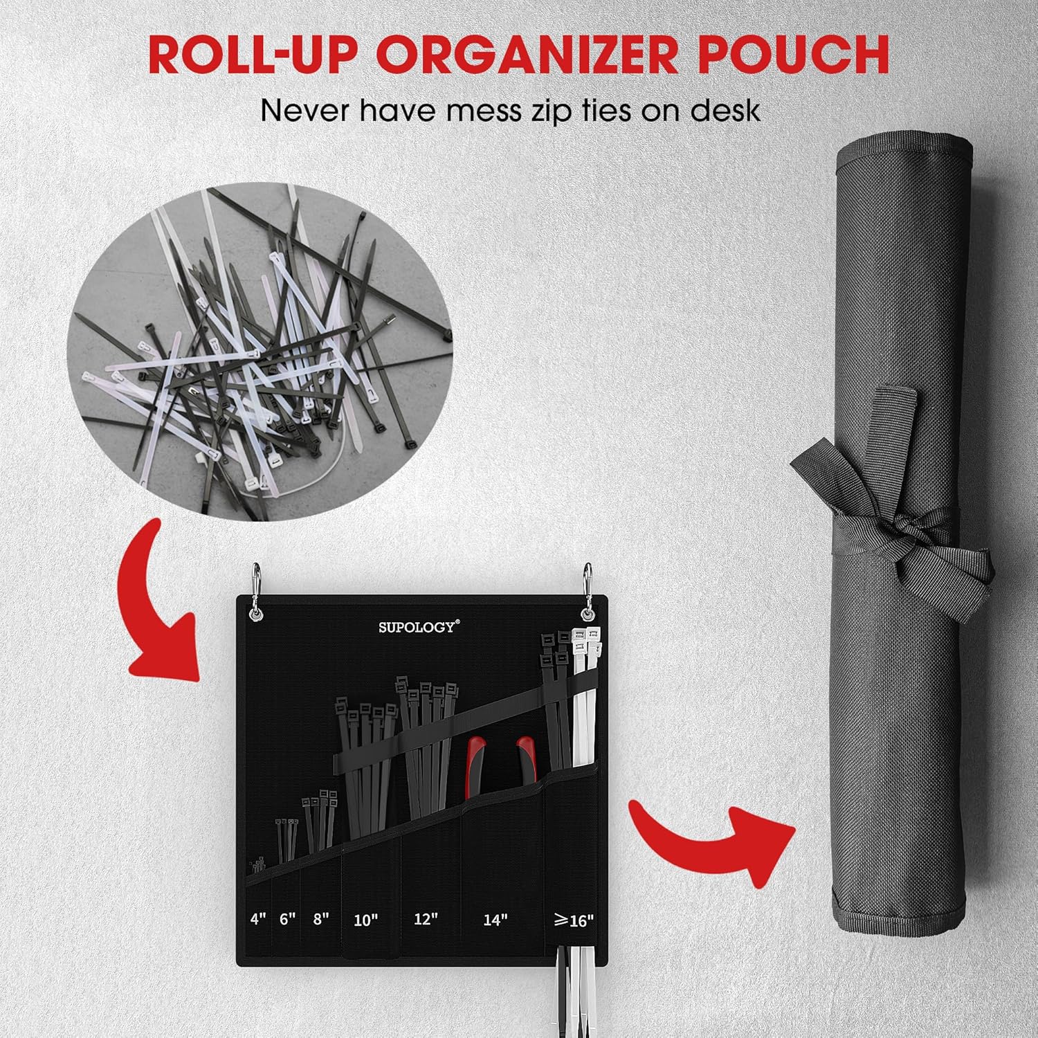 Zip Ties Organizer Zip Tie Holder Bag, 14.2 * 14.2 inch Oxford Anti-scratches Roll-up Fabric Hand Tools Gardening Tools Bags for Garden Farm Work | Release Two Hands on Working【NEW Innovation】