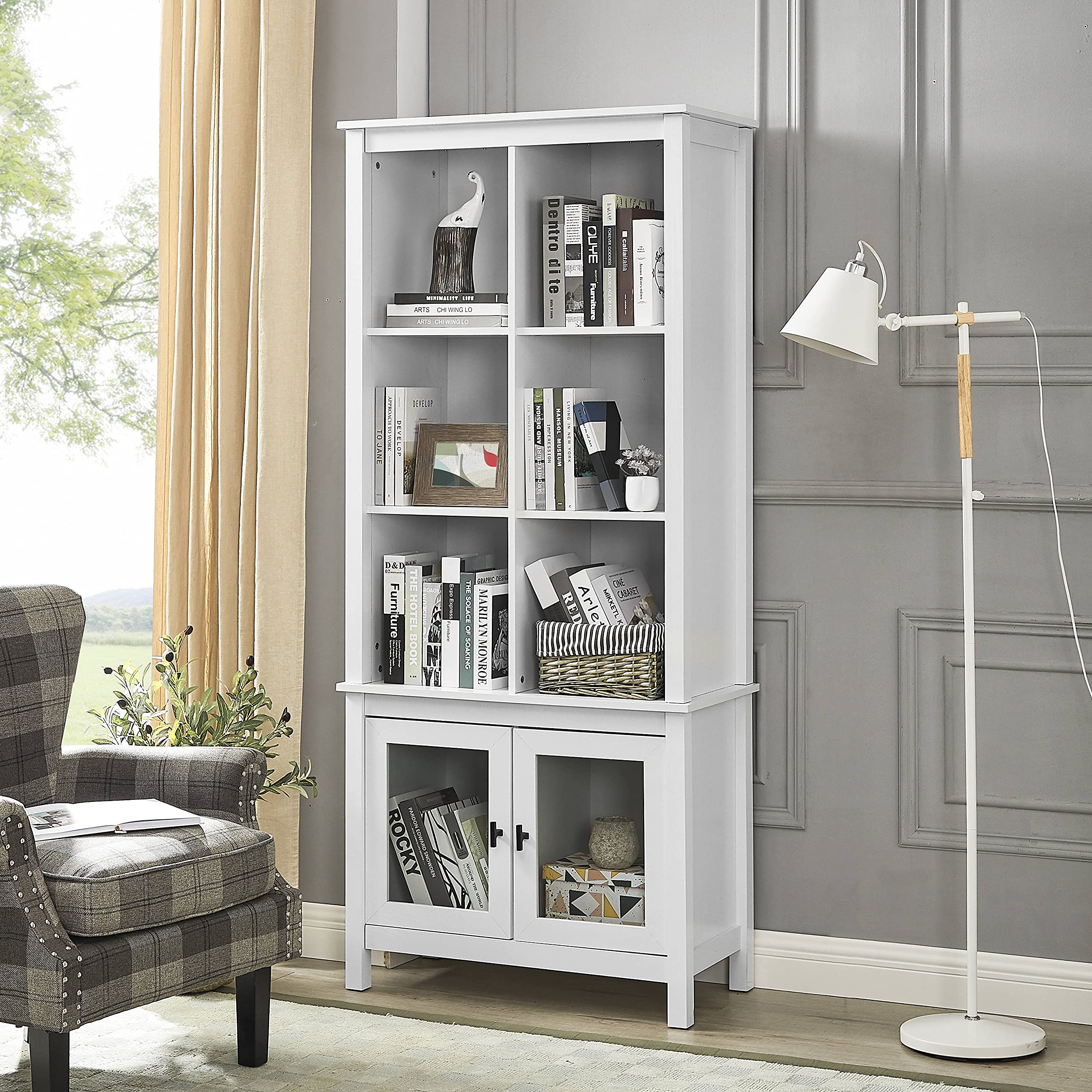 Home Source Jill Zarin White Bar Bookshelf with Glass Doors