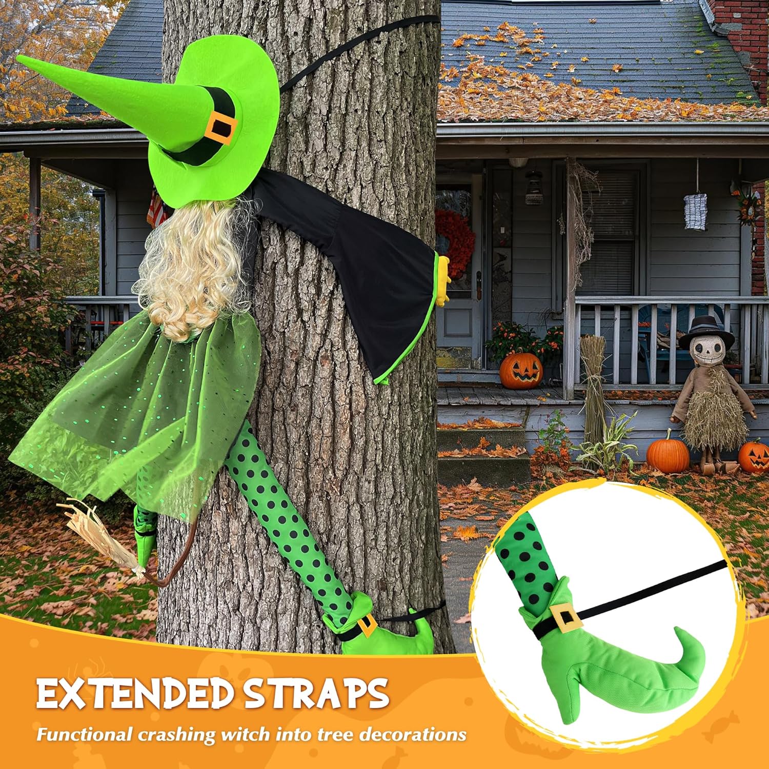 HOIIOH 53" Halloween Crashing Witch Decoration – Green Flying Witch Tree Prop for Yard, Porch, Patio, Lawn – Funny Outdoor Halloween Decor for Garden, Fence, and Door