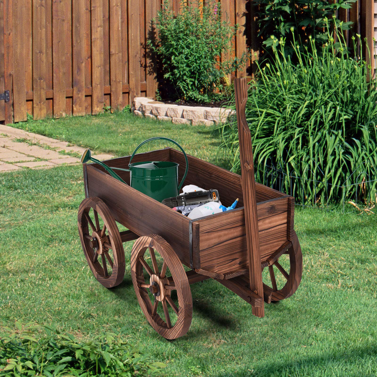 HOMASIS Brouette à Fleur en Bois avec Poignée Réglable et 4 Roues, Chariot à Fleurs avec Trous de Drainage, Jardinière Décorative de Plantes pour Jardin, Balcon, Terrasse, 75x43x53,5cm, Marron