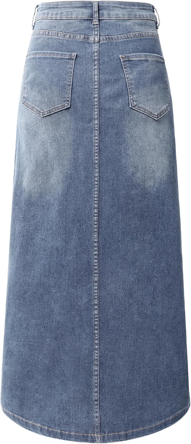 Womens Long Denim Skirt Casual A-Line Stretch Jean Skirt for Women High Waisted Vintage Denim Maxi Skirt with Pockets Blue - Image 2