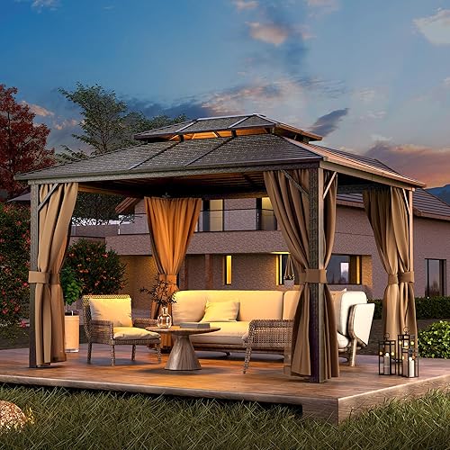 Miniatura 7 de HAPPATIO Gazebo de techo rígido de 10 x 12 pies con marco de aluminio, kiosco para exteriores con techo doble de acero galvanizado para terraza,