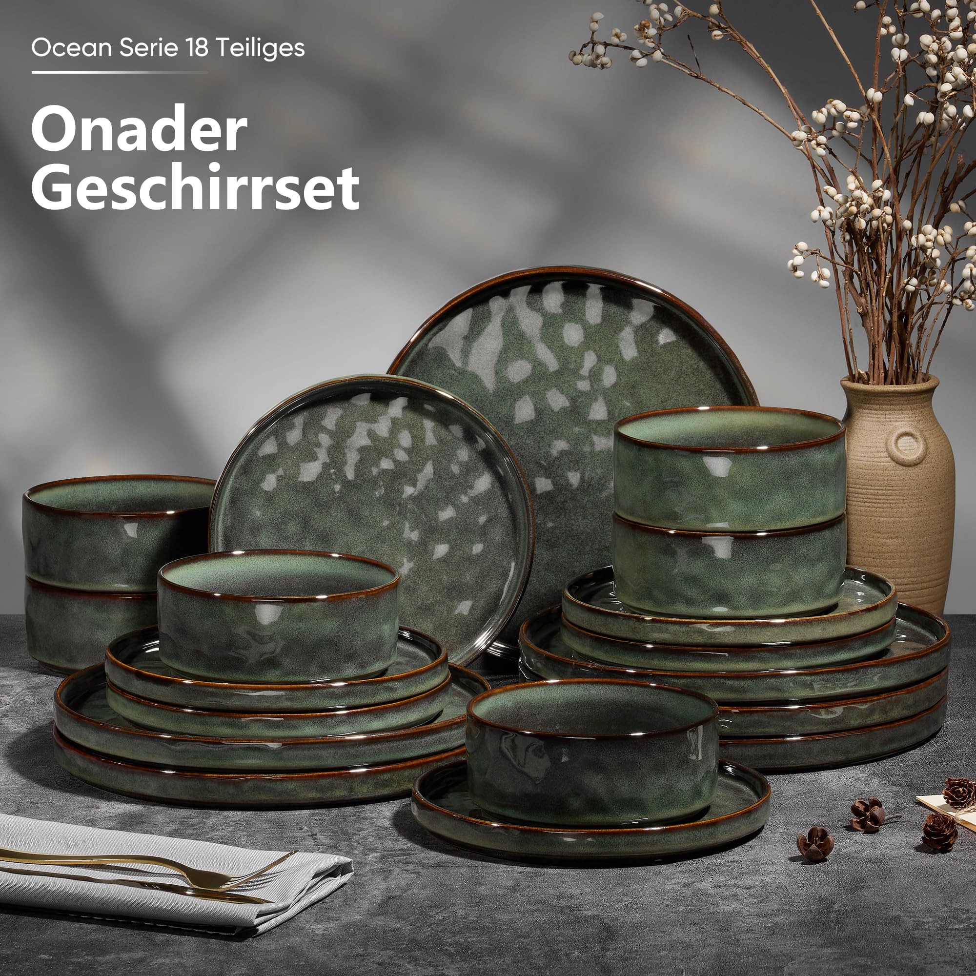 Geschirrset, Onader 18 Teiliges Steinzeug Tafelservice Set, Müslischalen, Speiseteller und Dessertteller Set für 6 Personen, Anti-Kratzer und Mikrowellenfest – Reaktives Moosgrün