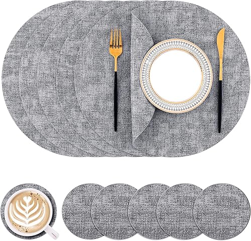 Miniatura 16 de Homaxy - Juego de 6 manteles individuales redondos de piel sintética y posavasos, lavables, de doble cara, manteles individuales de mesa, manteles