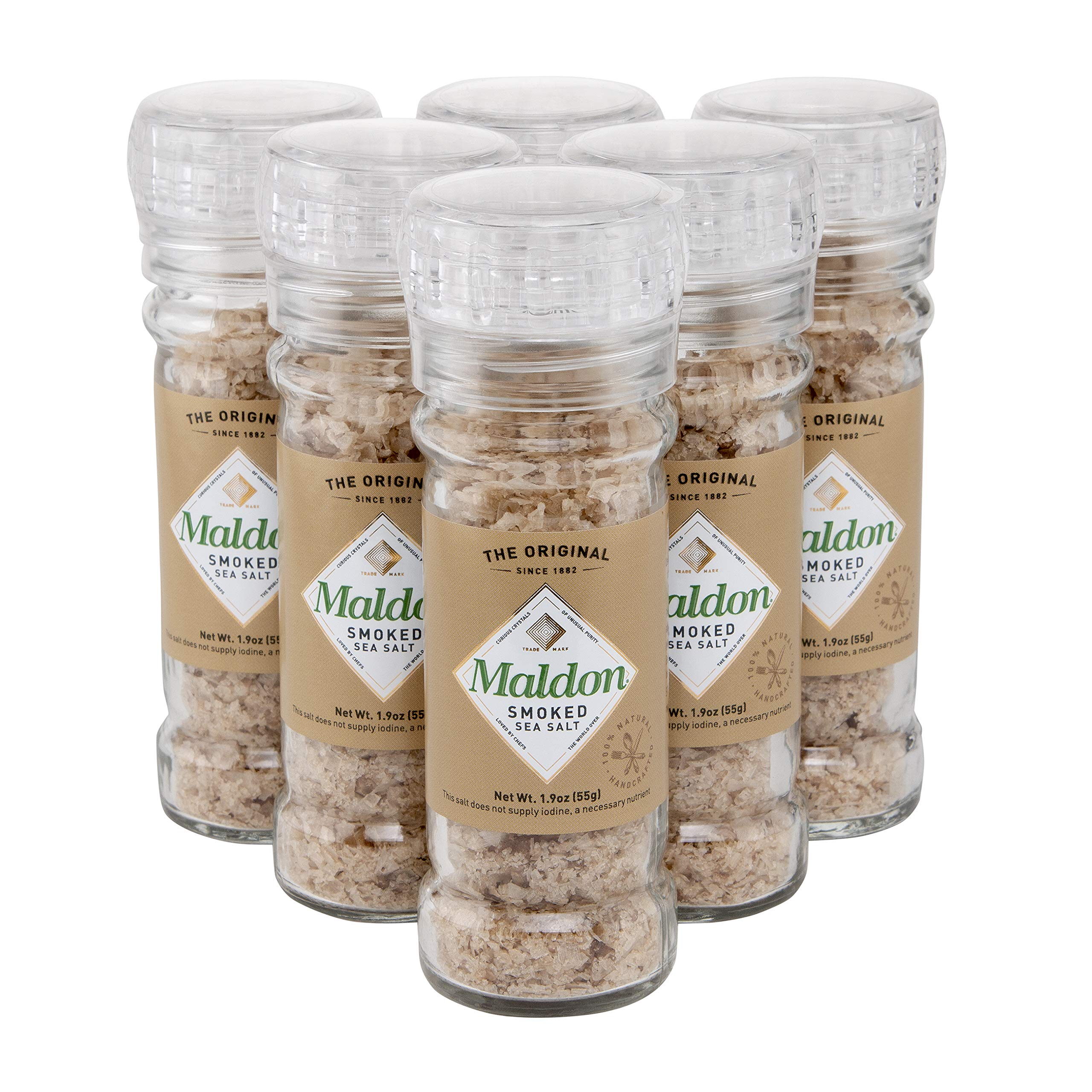 Maldon Salt, Smoked Sea Salt Grinder, 55 g, 6 Count, Refillable and Adjustable, Kosher, Natural, Handcrafted, Gently Smoked Over Oak, Pyramid Crystals