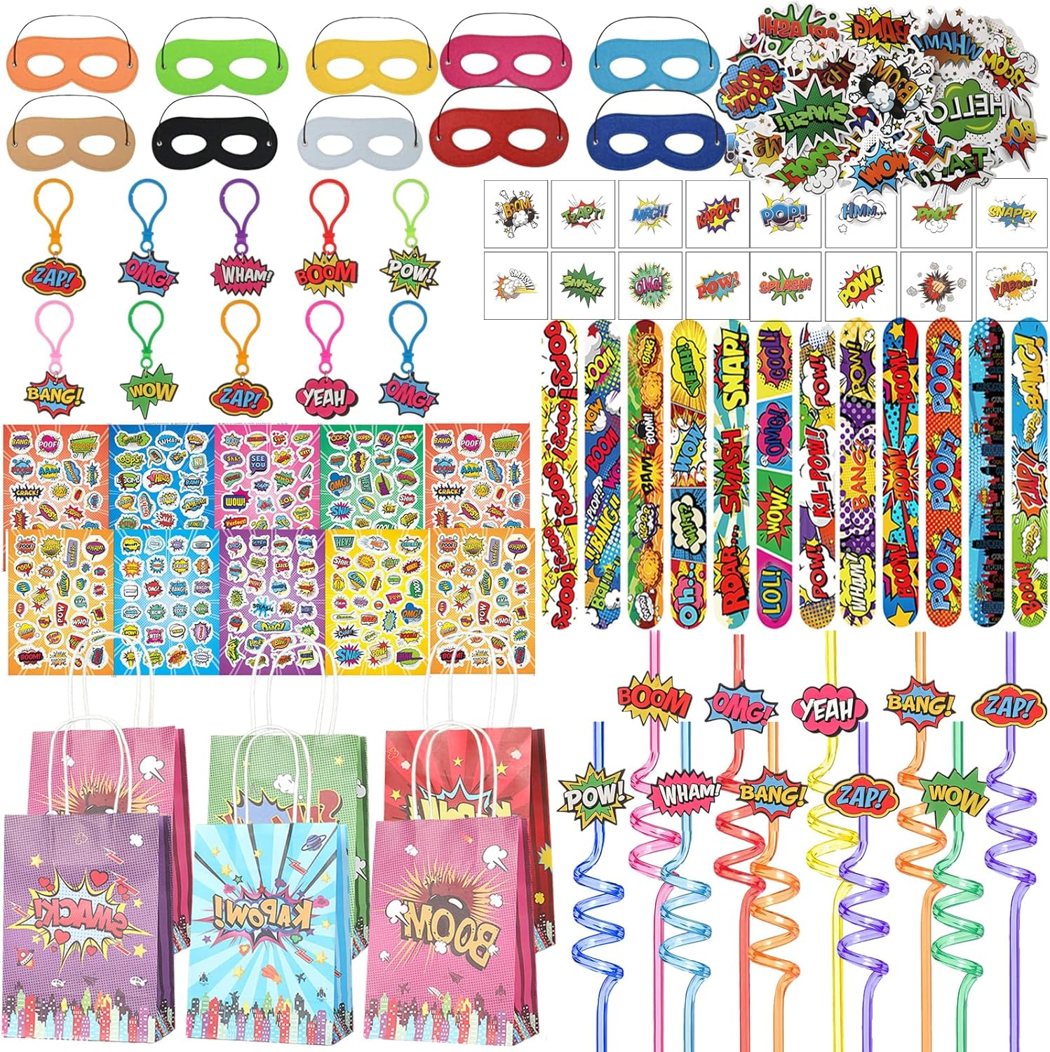 130PCS Hero Themed Party Favors Kit-Birthdays Supplies Includes Reusable Straws,Key Chains,Mask, Stickers,Slap Bracelets,Stickers,Tattoo Sticker,Goodie Bag for Perfect for Hero Party Decorations