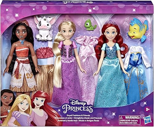 Miniatura 4 de Disney Princess Royal Fashions and Friends, muñeca de moda, paquete de 3, Ariel, Moana y Rapunzel, juguete para niñas de 3 años en adelante