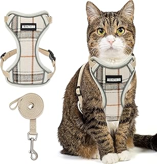 ALUZAEMO Cat Harness and Leash Escape Proof - Plaid Reflective Cat Vest Harness for Walking Travel Hiking - Soft Mesh Adjustable Cat Harness with 5 FT Cat Leash for Medium Large Cats, Small Dog