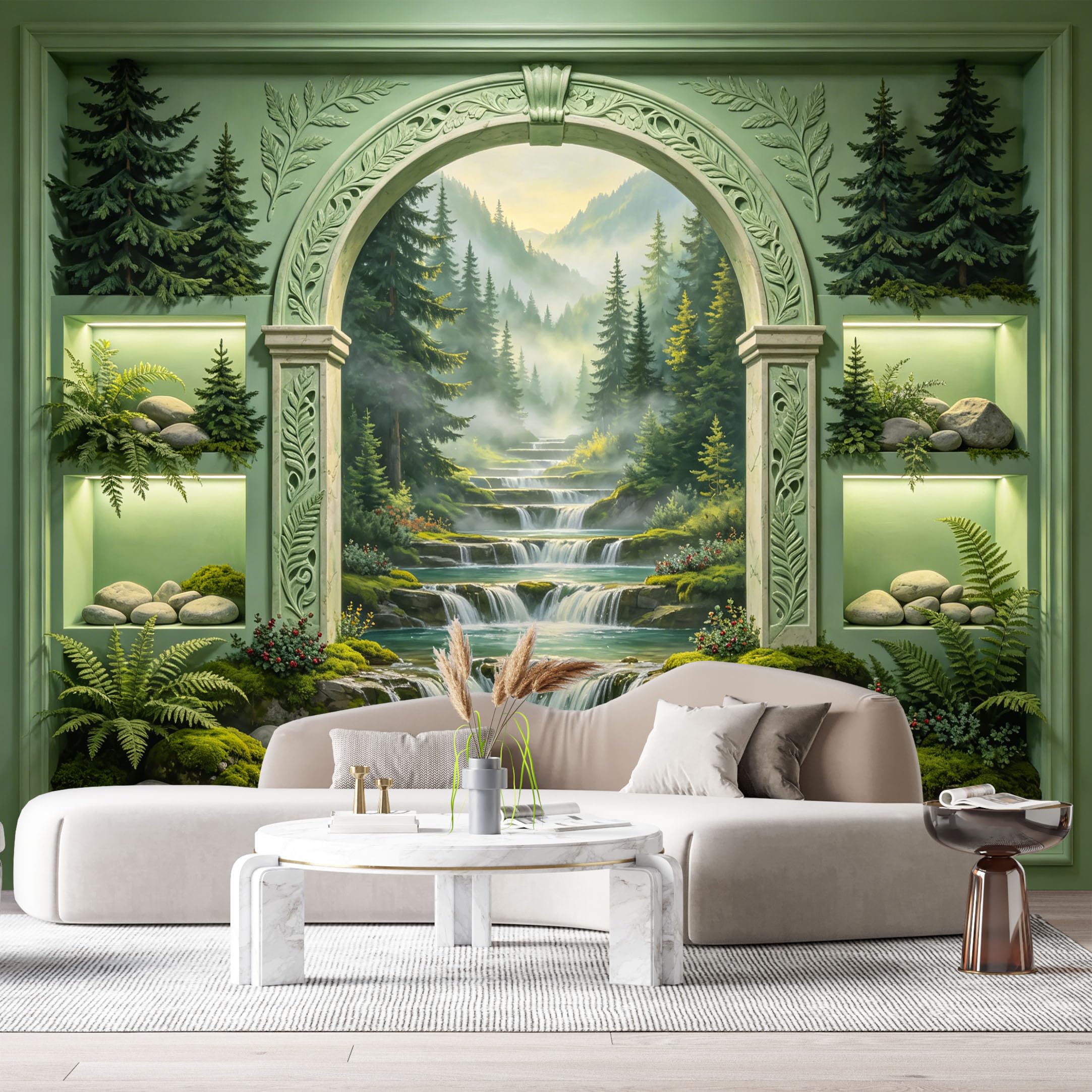 Custom Size Wall Murals Misty Mountain Waterfall Archway Landscape 3D Trompe L'Oeil SelfAdhesiveWall Fabric Removable Wallpaper Wall Decor for Living Room Bedroom Bathroom