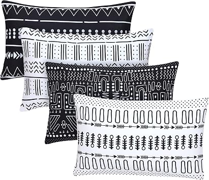 ACCENTHOME Boho Throw Pillow Cover 12x20 Inch 4 Pc Cotton Bohemian Decorative Design Pillows for Farmhouse Bedroom Couch Sofa Living Room | Printed Black Pillow Covers | Home Decor Pillowcases