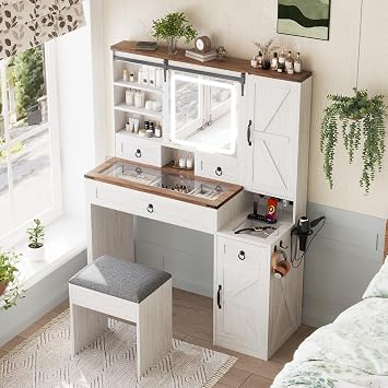 Farmhouse Vanity Desk with Sliding Lighted Mirror&Power Outlet,42" Glass Top Vanity with 4 Drawers 6 Compartments 7 Shelves 2 Cabinets,Rustic Makeup Vanity Table with Stool Hairdryer Holder&Hook,White