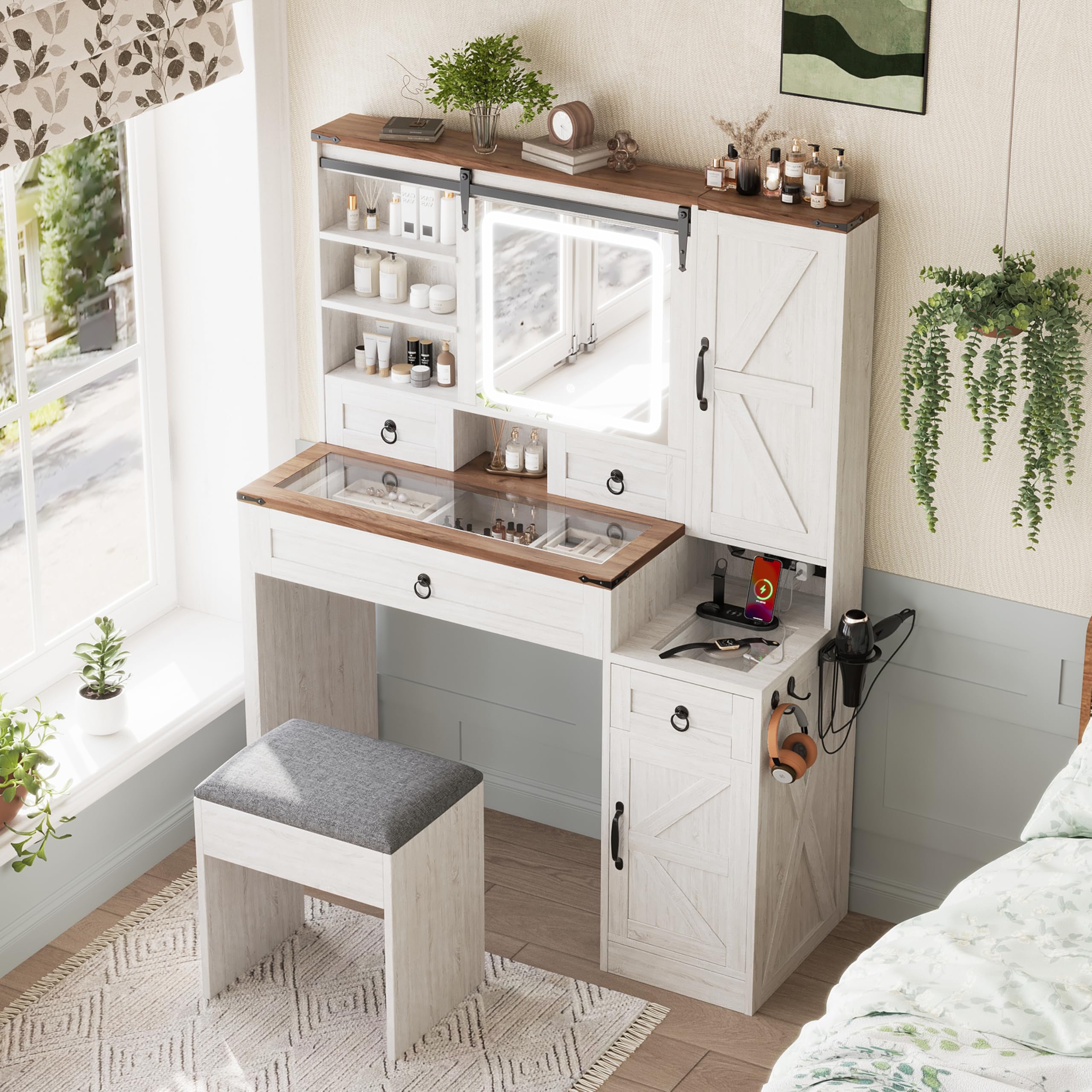 JIVOIT Farmhouse Vanity Desk with Sliding Mirror, Vanity Set with Stool, Dressing Table with 4 Drawers and 2 Cabinets, Glass Top, Side Hooks &amp; Cup Holder, Easy Assembly (White,37)