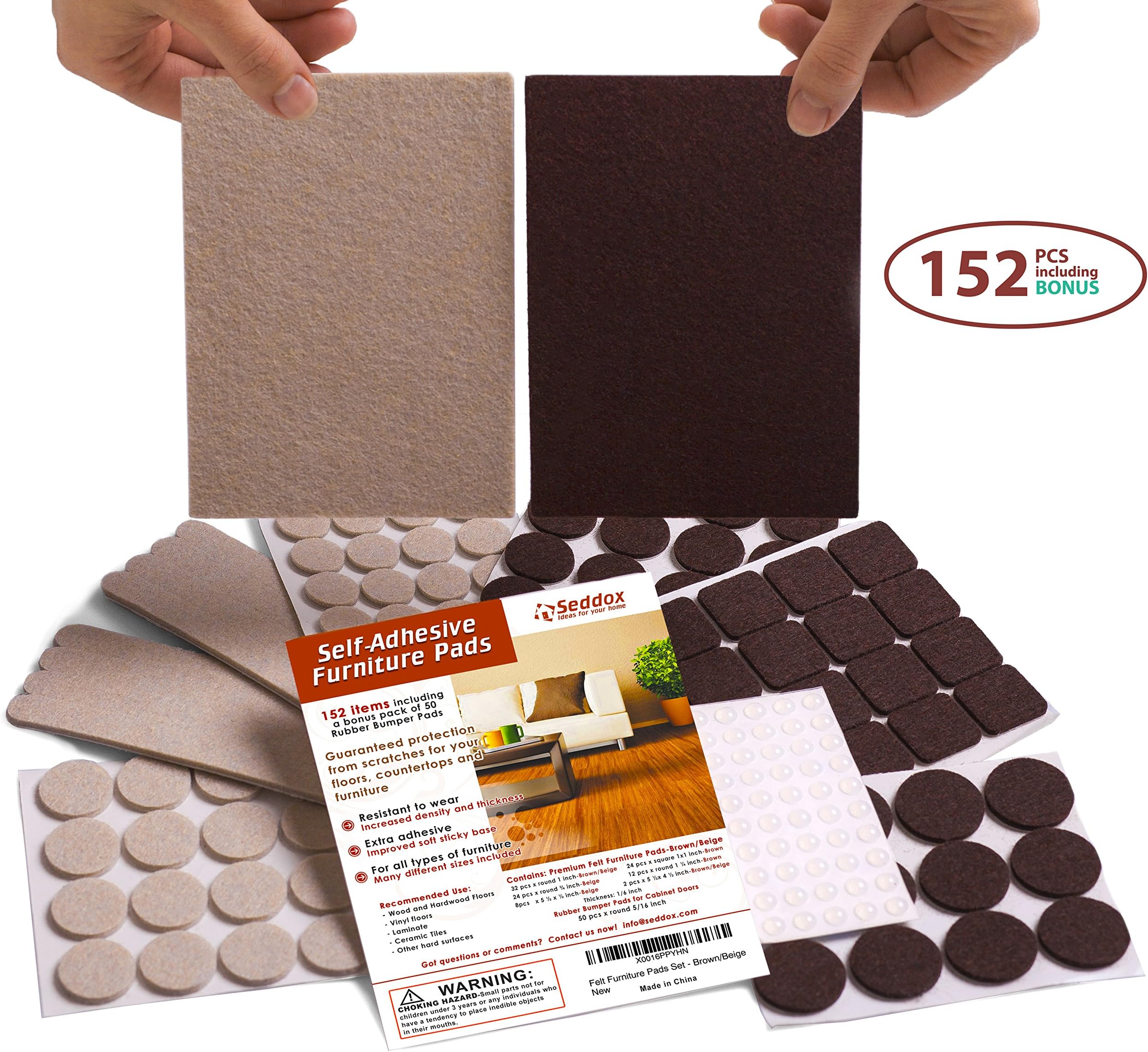 Premium Felt Furniture Pads Two Colors Set (Brown + Beige) - 152 Pieces Including Bonus Rubber Bumper Pads - Extra Adhesive Chair Leg Hardwood Floor Protectors for Wood and Laminate Flooring