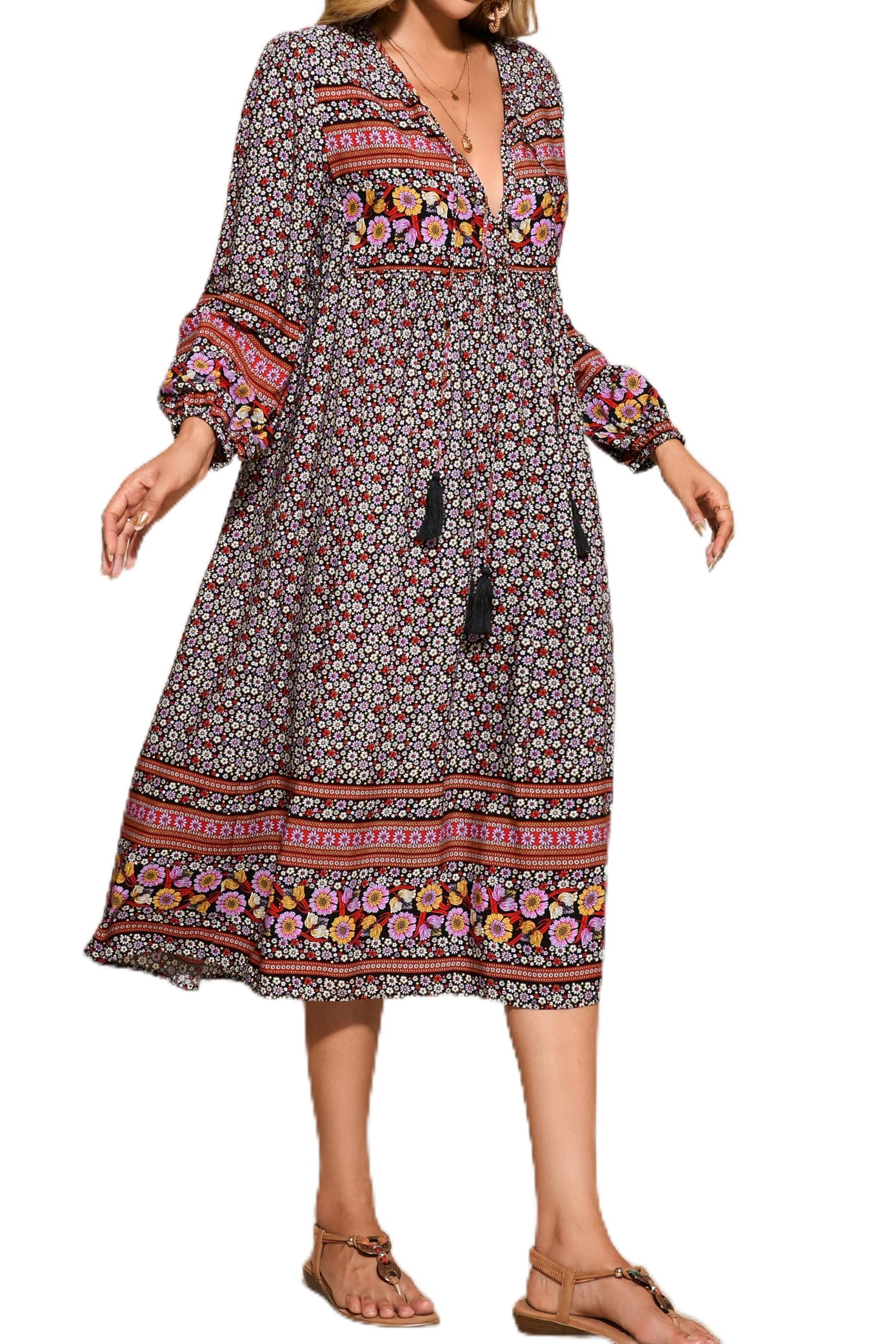R.Vivimos Elegante Casual Mujer Bohemio Vestido Largo Estampado Corbata Manga Larga Vestido de Midi de Playa Vestido de Vacaciones