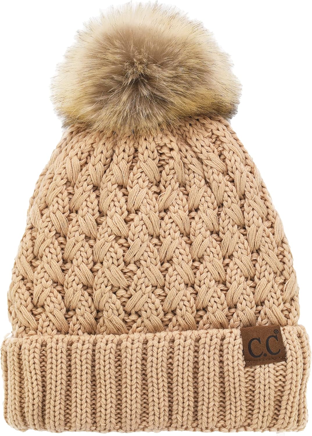 C.C Beanie Women’s Thick Cable Knit Faux Fuzzy Fur Pom Lattice Crossover Fuzzy Lined Skull Cap Cuff Beanie