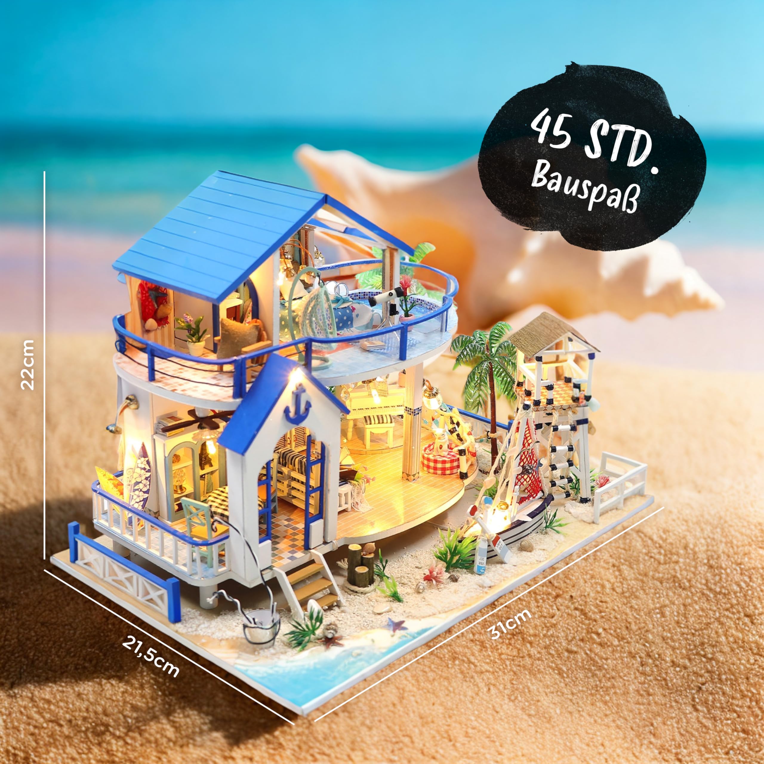 Crafts&Co® Miniatur Strandhaus | DIY Papiermodell | Detailliertes Bastelprojekt für Anfänger | 398 Teile | Bastelspaß für Jung und Alt | Mehrfarbig