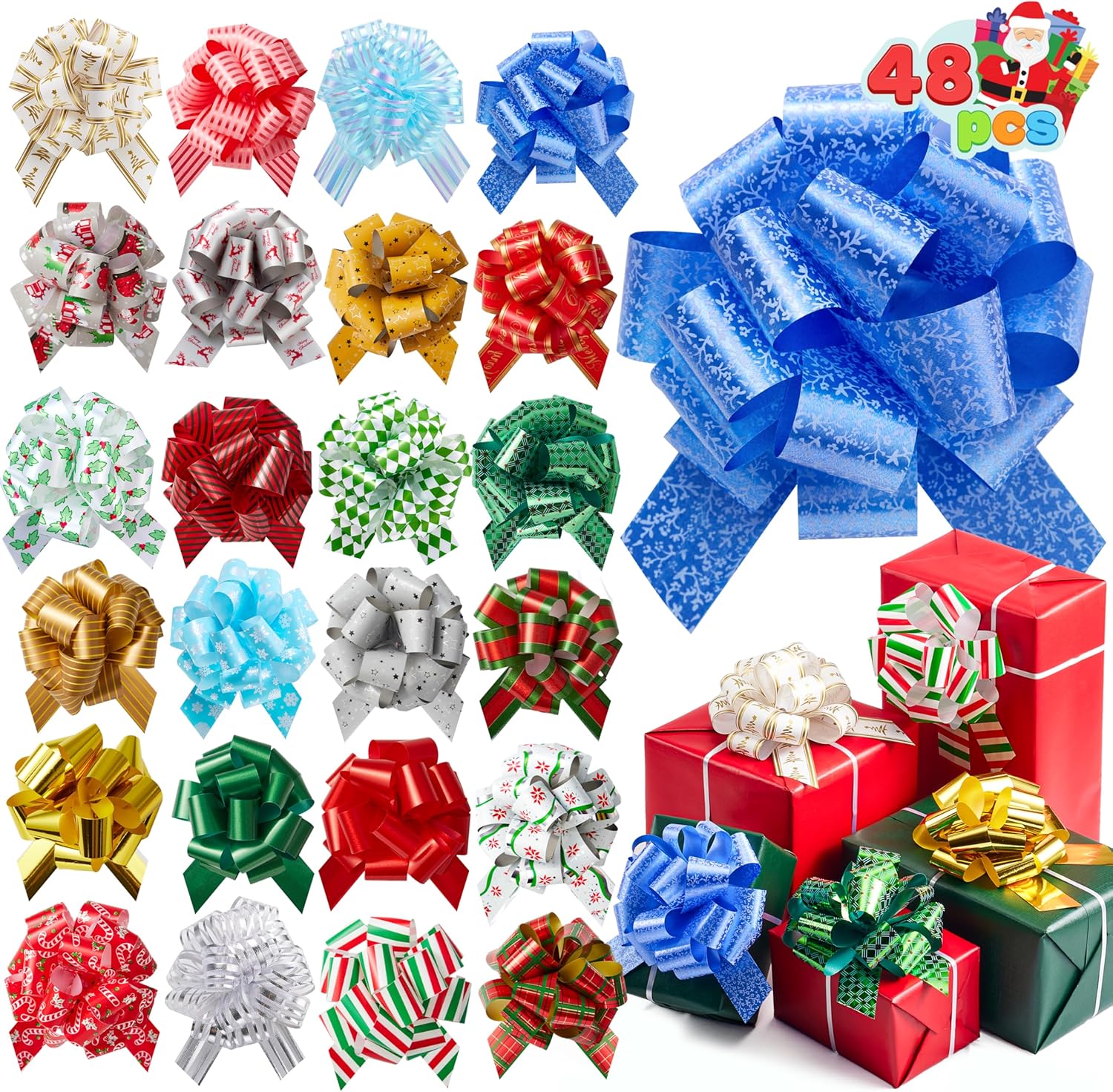 JOYIN 48 PCS Christmas Pull Bows with Ribbon 5” Wide for Gift Wrapping & Gift Tags, Boxing Day Decorations, Holiday Décor Present Wrapping