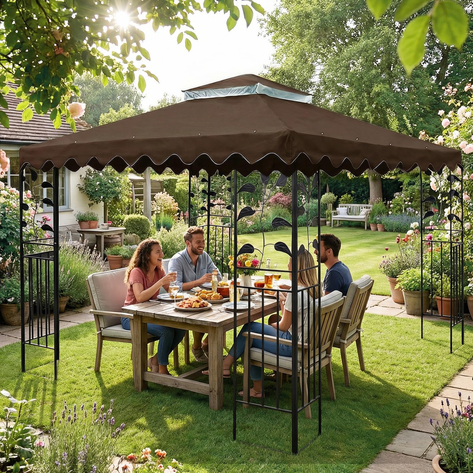 OKYUK Ersatzdach für Pavillon, mit atmungsaktivem Netz, UV-beständig, stabiler wasserdichter Doppeldach-Konstruktion, einschließlich Entwässerungslöchern, ideal für 3 x 3 m Gartenpavillons