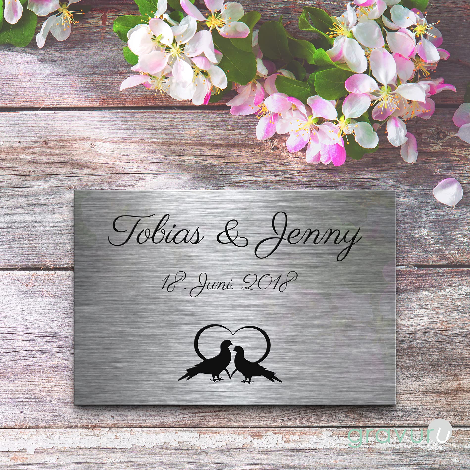 Edelstahl Hochzeitsschilder rechteckig mit Wunsch Gravur zB Name & Spruch & Eheringe Trauringe | Ausgefallene Geschenke Hochzeit viele Motive | Perlenhochzeit Kristallhochzeit